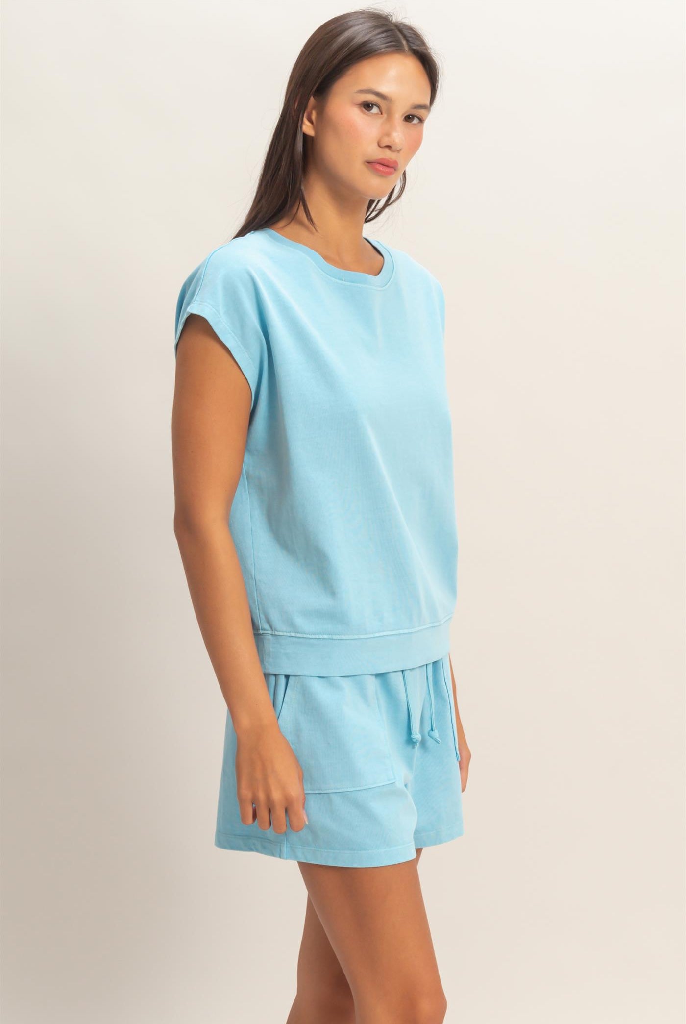 Wholesale Sleeveless Crew Neck Top and Shorts Set Clothing DZ26A028-SET BLUE DOUBLE ZERO