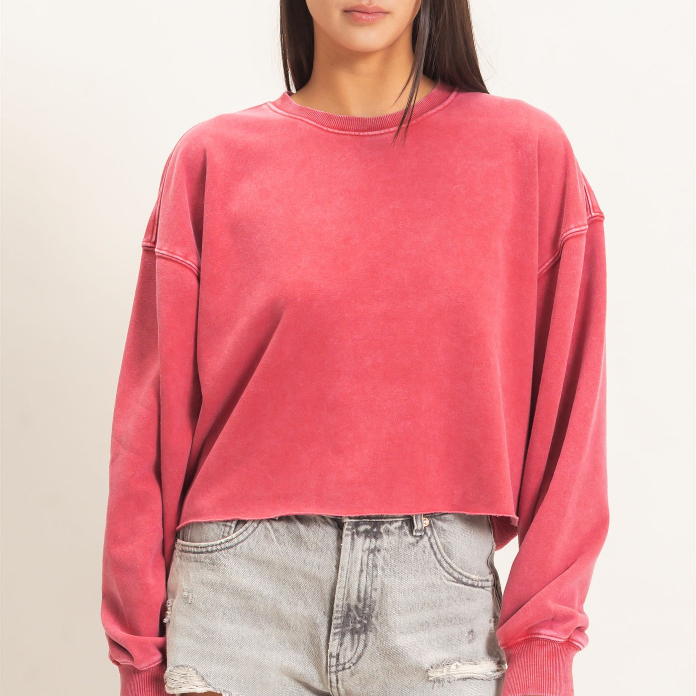 Wholesale Mineral Wash Raw Hem Cropped Sweatshirt Sweatshirts DZ26C968 DARK RED DOUBLE ZERO