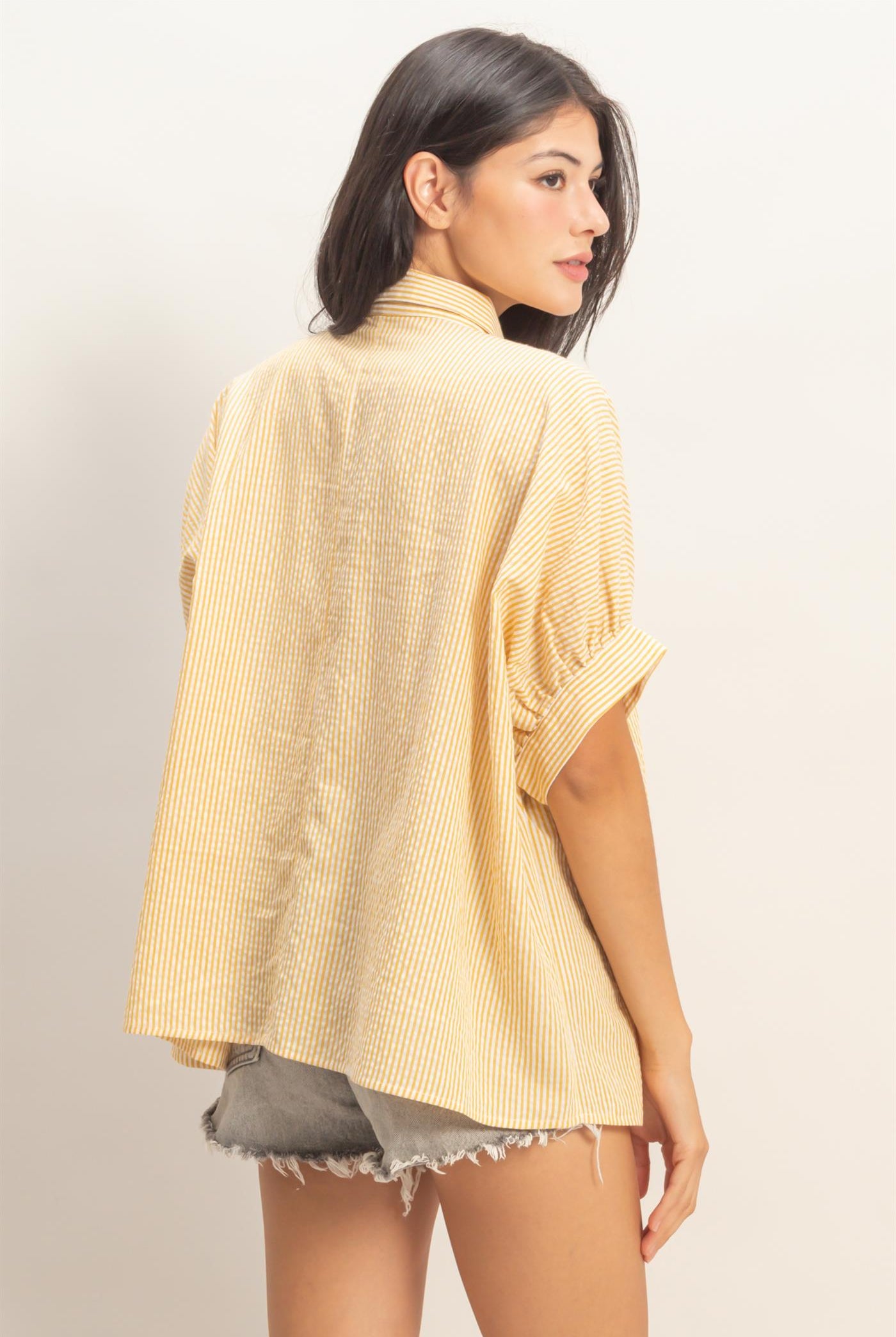 Wholesale Striped Short Sleeve Button-Front Blouse T-Shirts DZ26C276 YELLOW DOUBLE ZERO