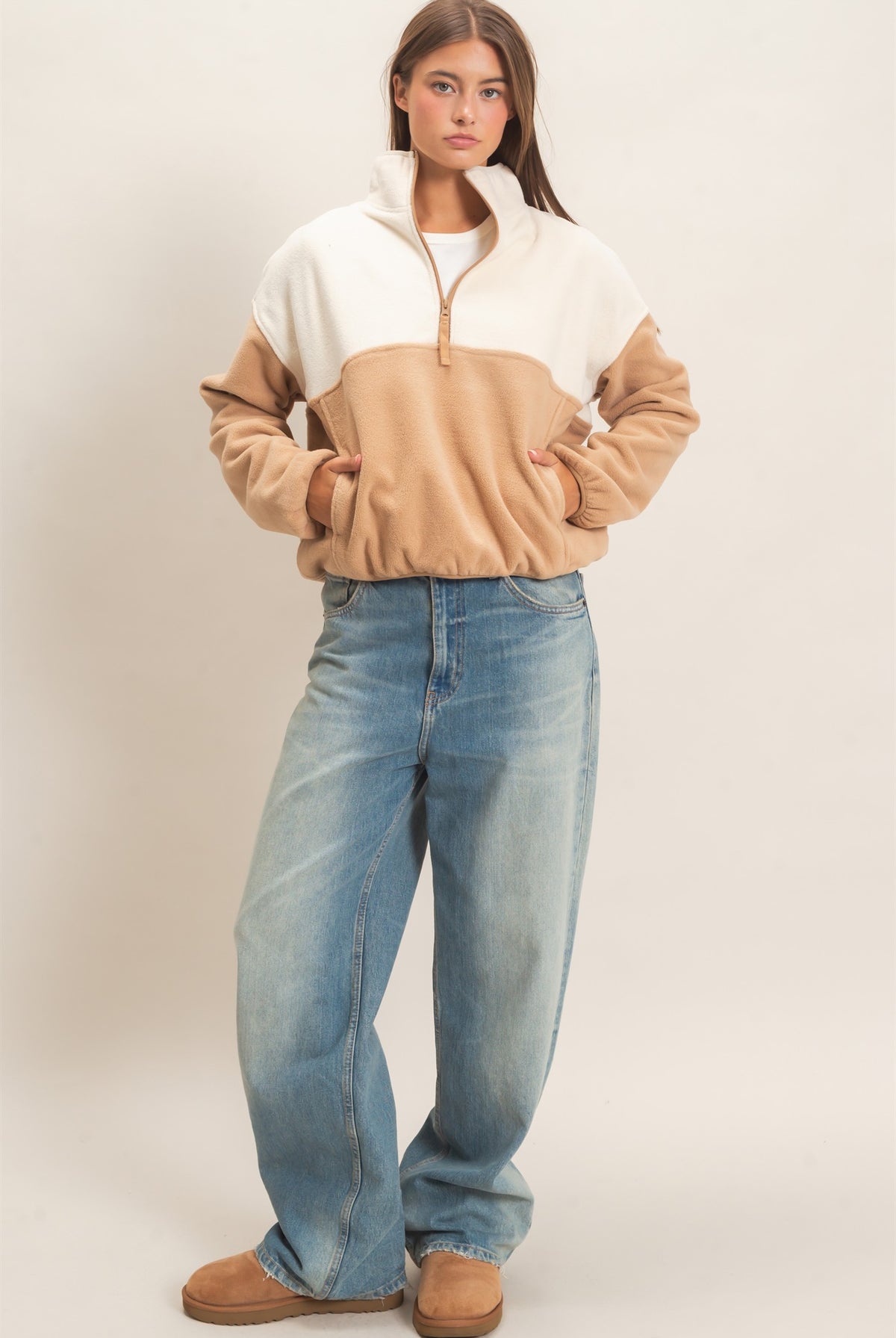 Wholesale Fleece Color Contrast Half Zip Pullover Outerwear DZ26F409 BEIGE DOUBLE ZERO