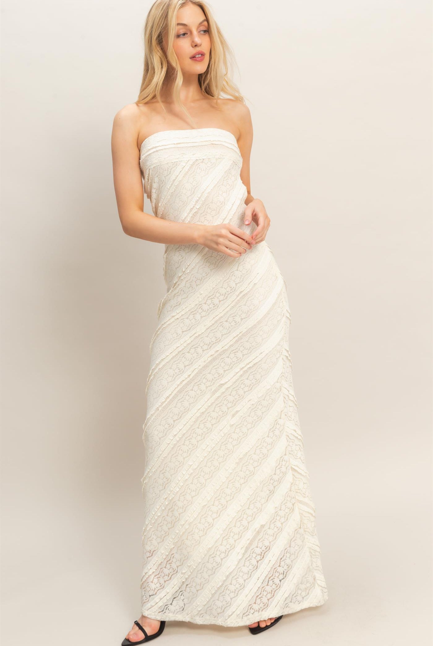 Wholesale Strapless Ruched Maxi Dress Dresses HF26A105 CREAM HYFVE