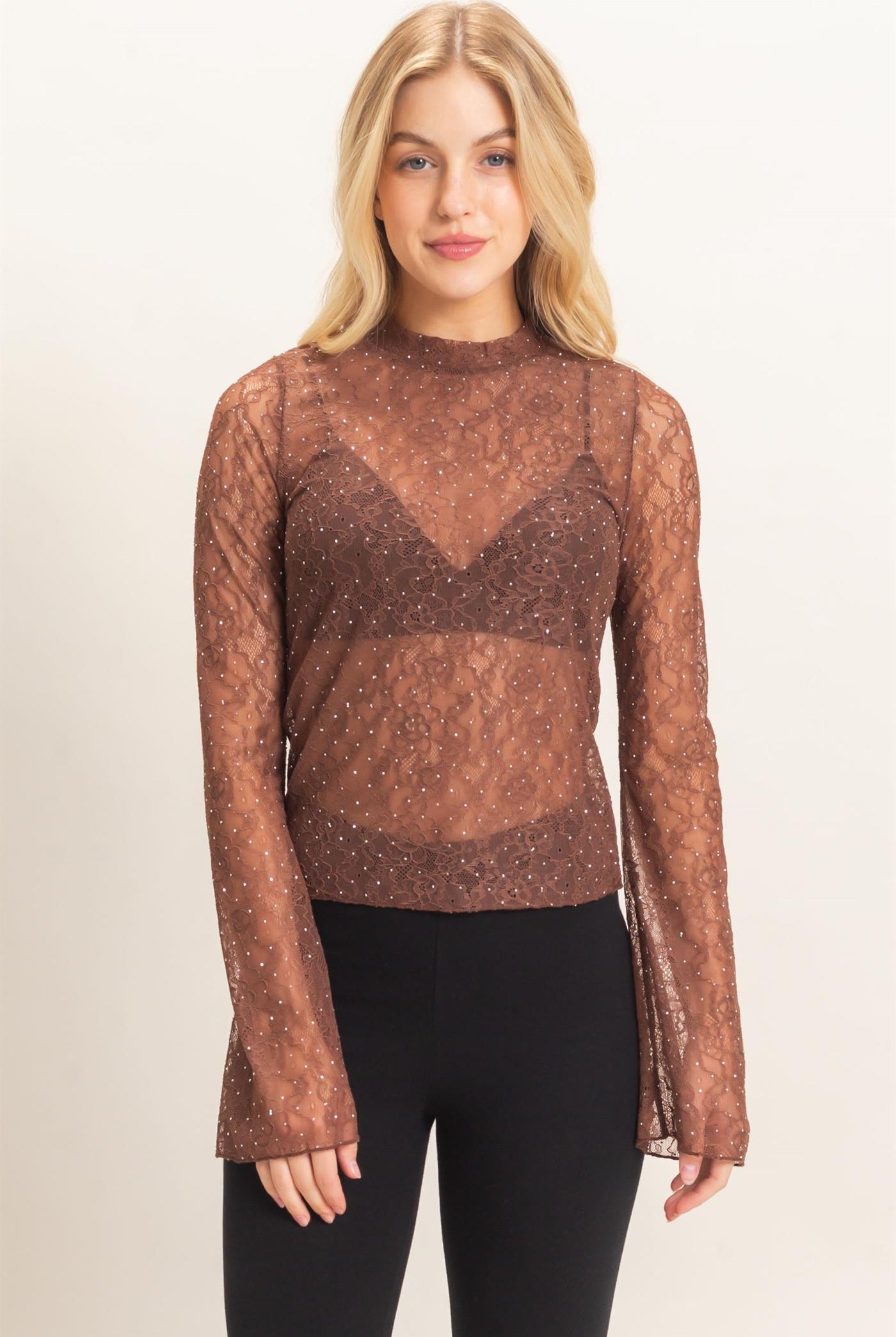Wholesale Sheer Lace Gem-Embellished Top Clothing Tops HF26F055 BROWN HYFVE