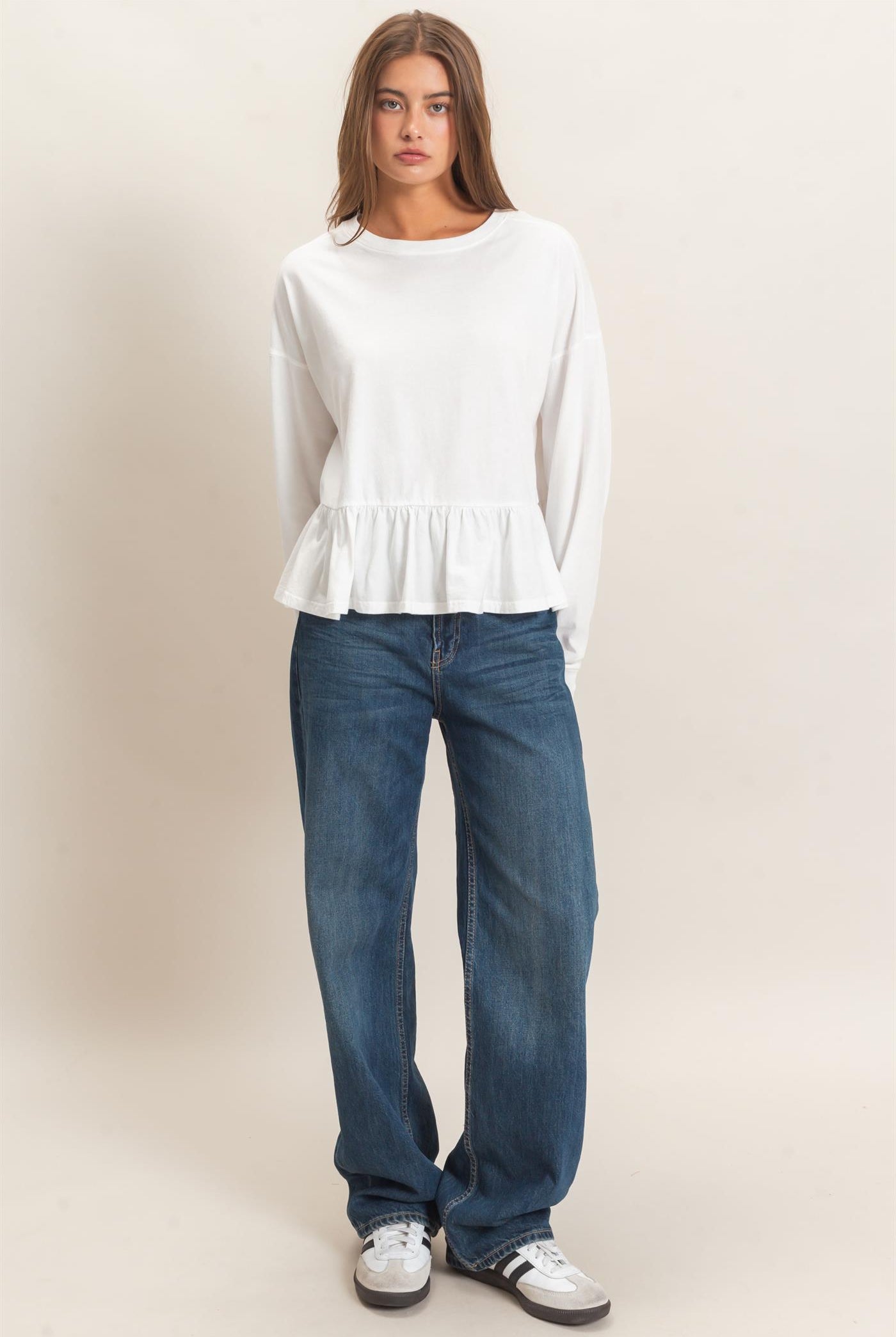 Wholesale Peplum Long Sleeve Top Clothing Tops DZ26F397 WHITE DOUBLE ZERO