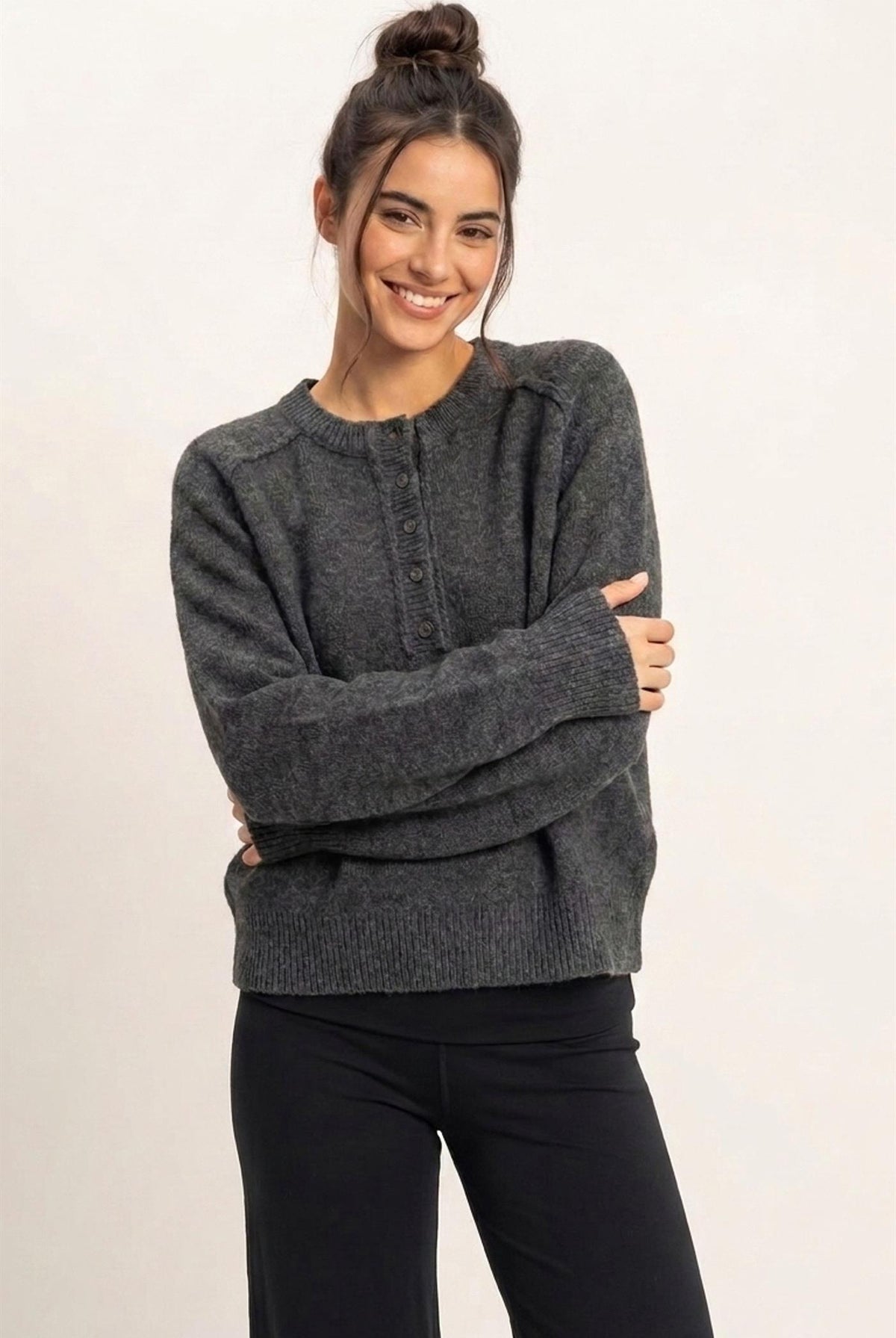 Wholesale Henley Sweater With Reverse Seams Sweaters DZ26F004 CHARCOAL DOUBLE ZERO