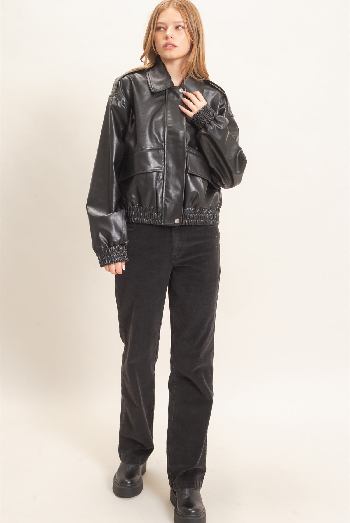 Wholesale Faux Leather Collared Bomber Jacket Bomber Jackets HF26C847 BLACK HYFVE