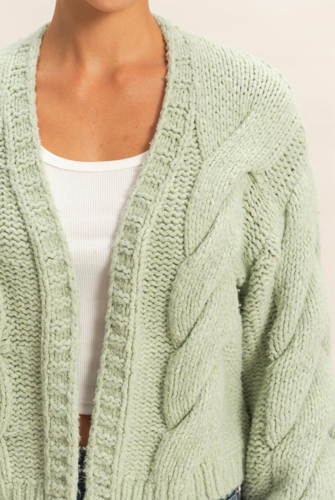 Wholesale Oversized Cable Knit Open Front Cardigan Sweater Cardigans DZ25F072 SAGE GREEN DOUBLE ZERO