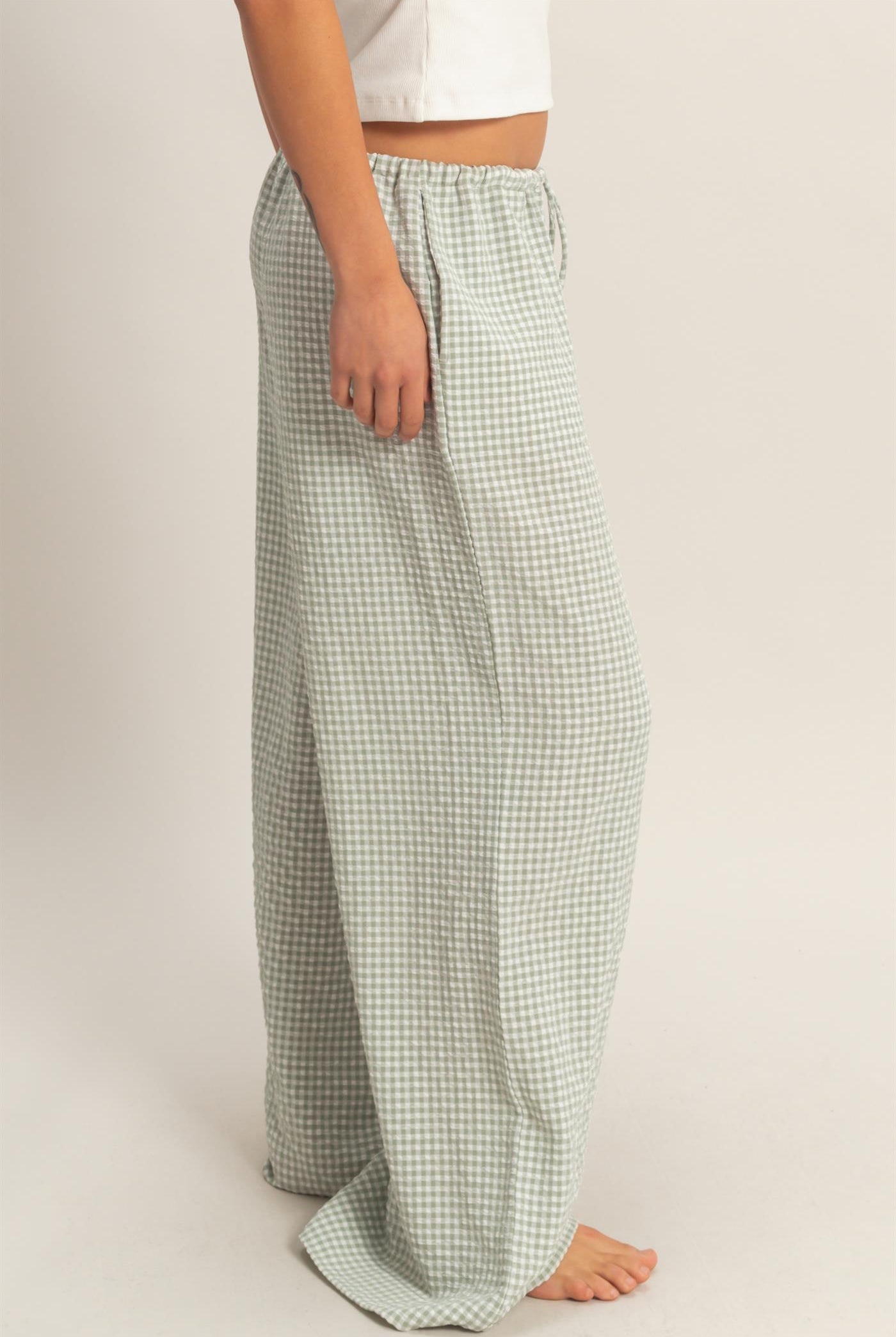 Wholesale Gingham Drawstring Wide-Leg Pants Pants DZ26C202 SAGE GREEN DOUBLE ZERO