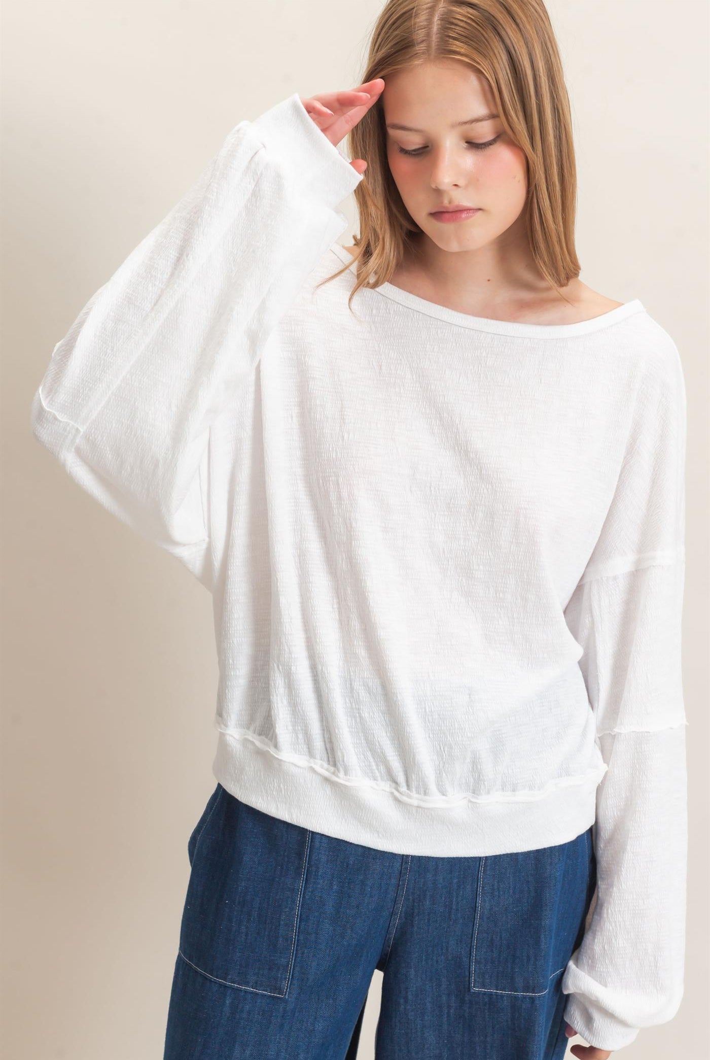 Wholesale Relaxed Boat Neck Long Sleeve Top Clothing Tops HF25F340 WHITE HYFVE