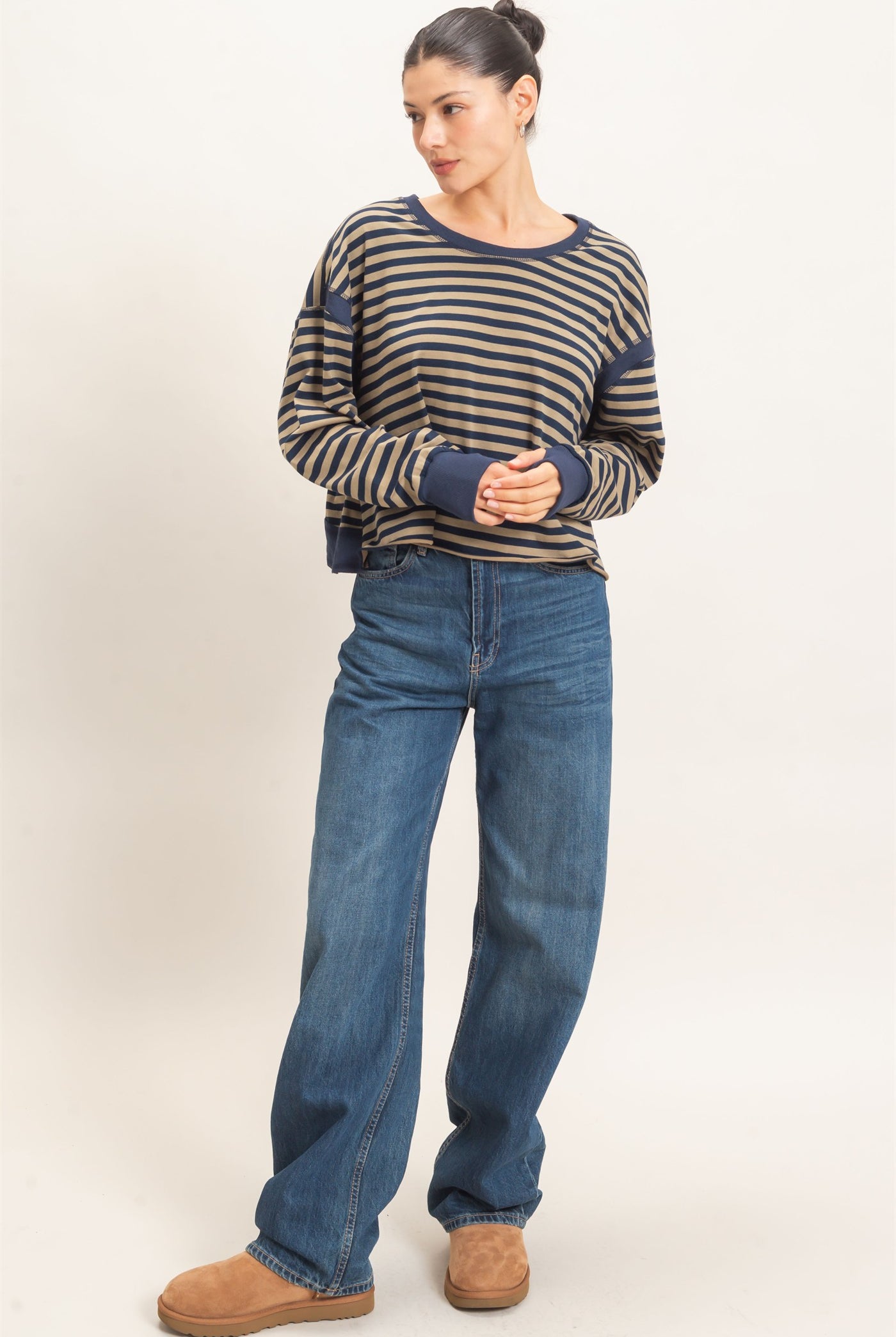 Wholesale Striped Long Sleeve Top Clothing Tops HF26C908-D NAVY HYFVE
