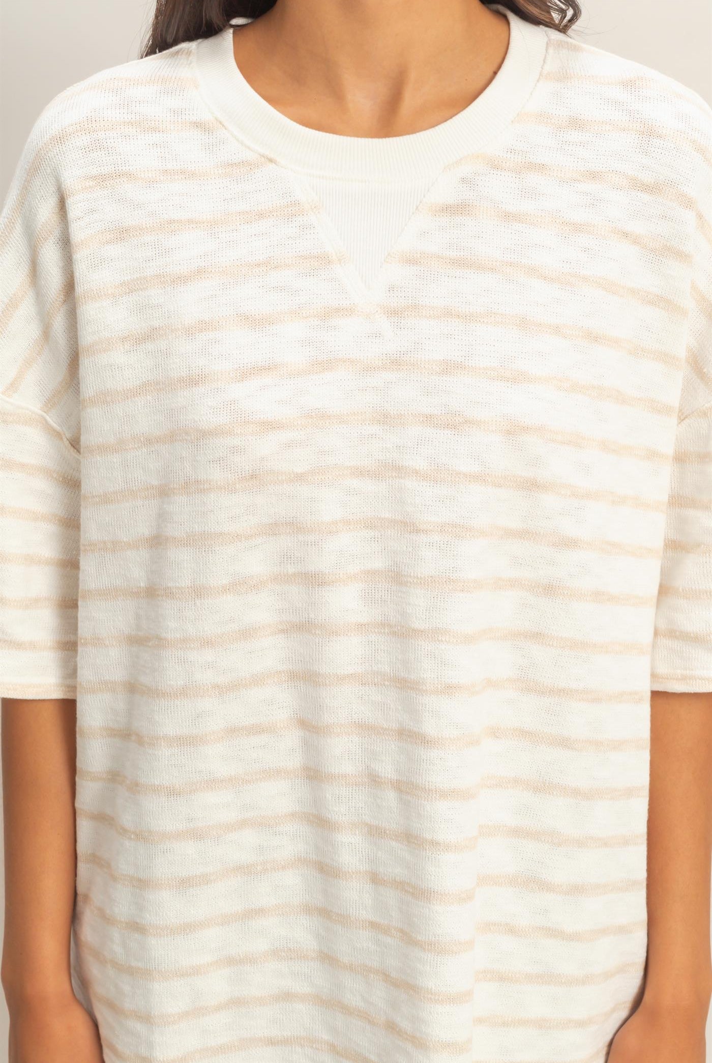 Wholesale Oversized Striped V-Stitch Short Sleeve Top Clothing Tops DZ26A455 TAUPE DOUBLE ZERO