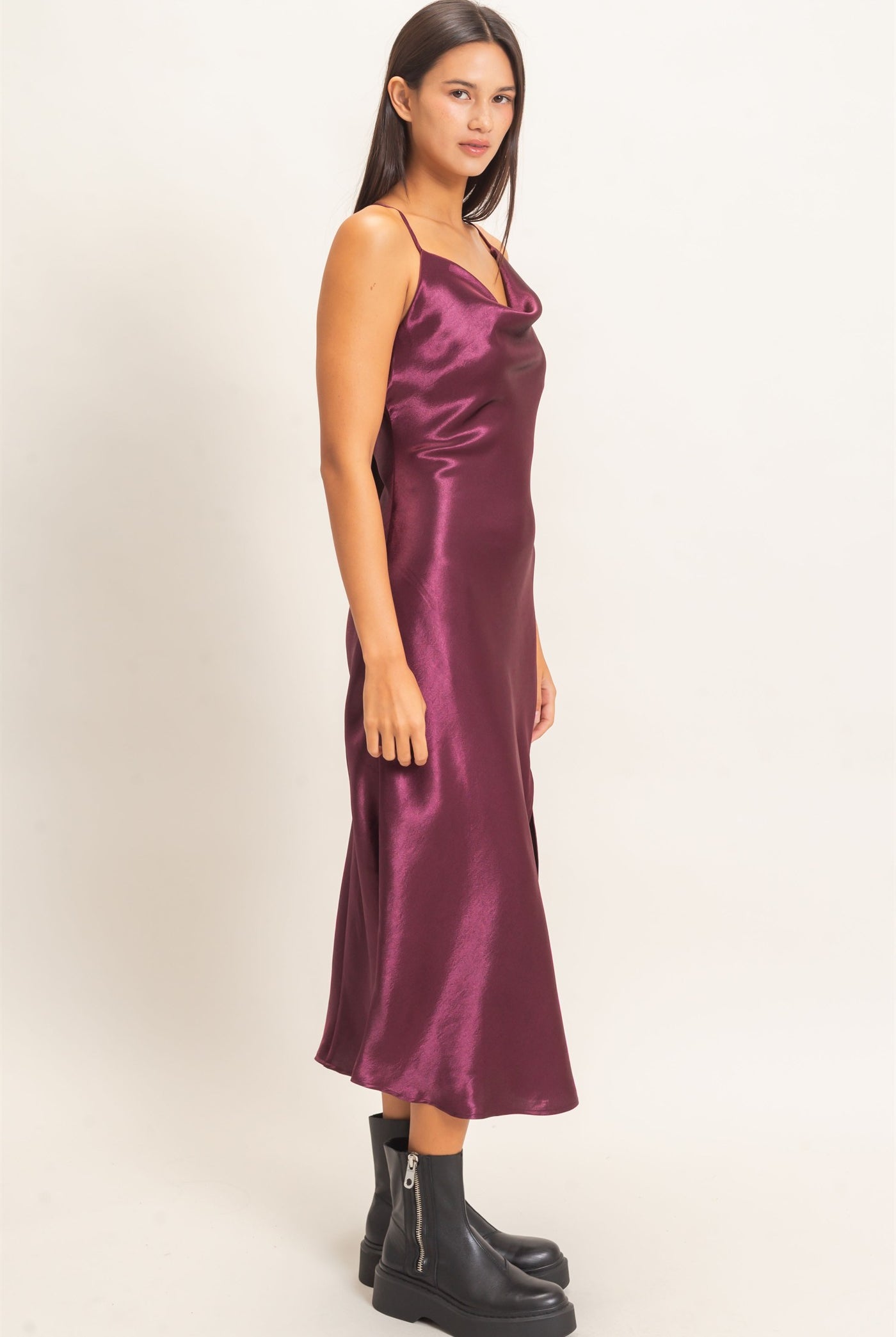 Wholesale Cowl Neck Satin Slip Dress Dresses DZ26E251 DARK CHERRY DOUBLE ZERO