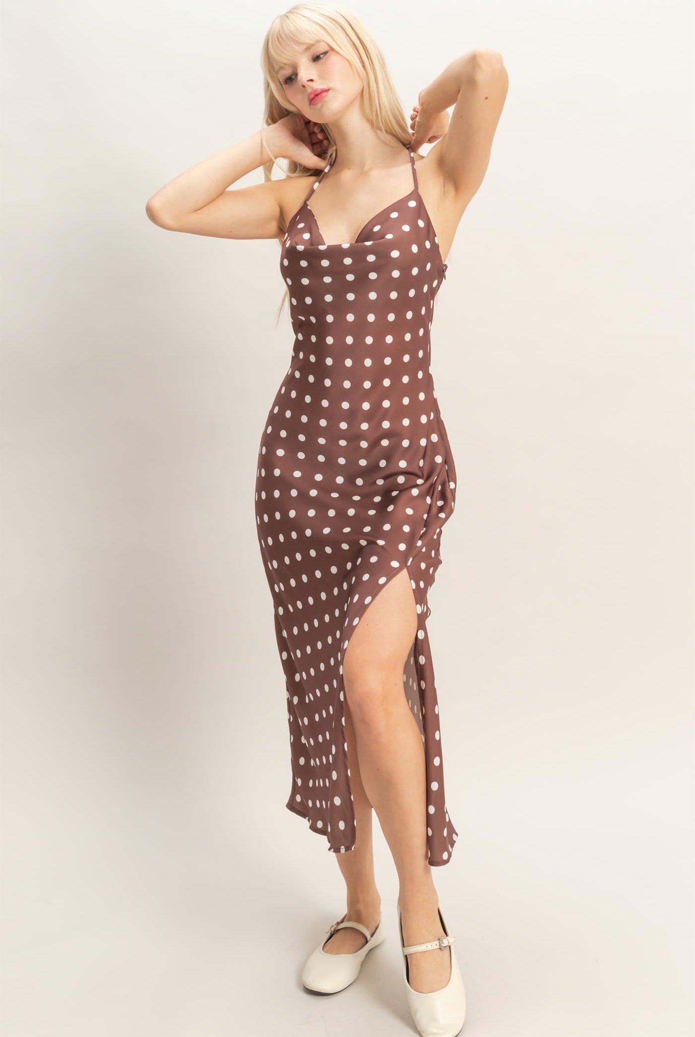 Wholesale Polka Dot Spaghetti Strap Cowl Neck Midi Dress Dresses DZ26C049 CHOCOLATE DOUBLE ZERO