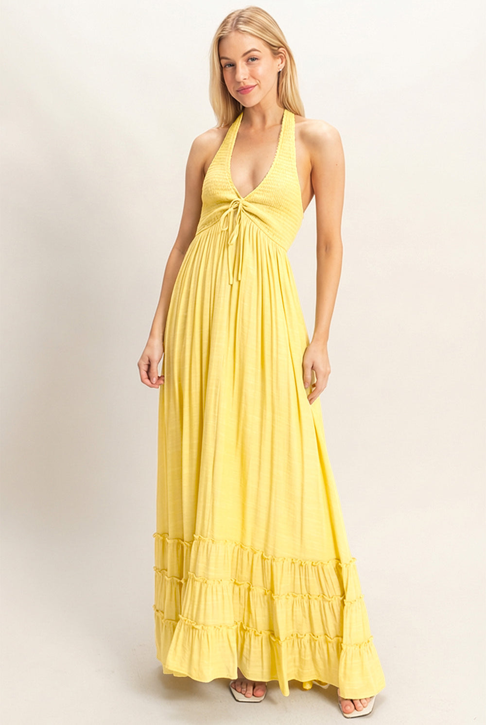 Wholesale Halter Neck Smocked Maxi Dress Dresses HF26C287-D LIGHT YELLOW HYFVE