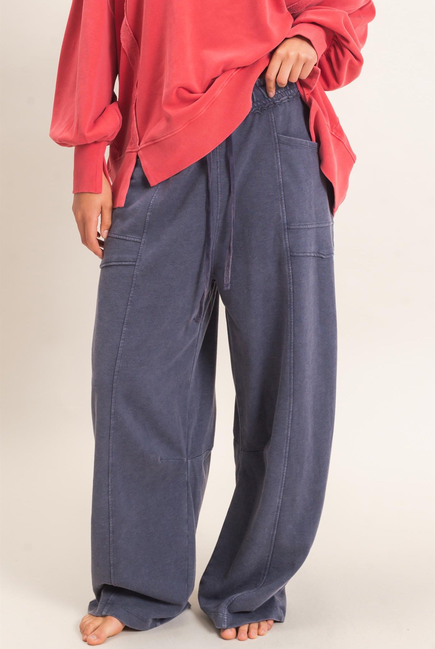 Wholesale Mineral Washed Barrel Sweatpants Pants DZ26F246 NAVY DOUBLE ZERO