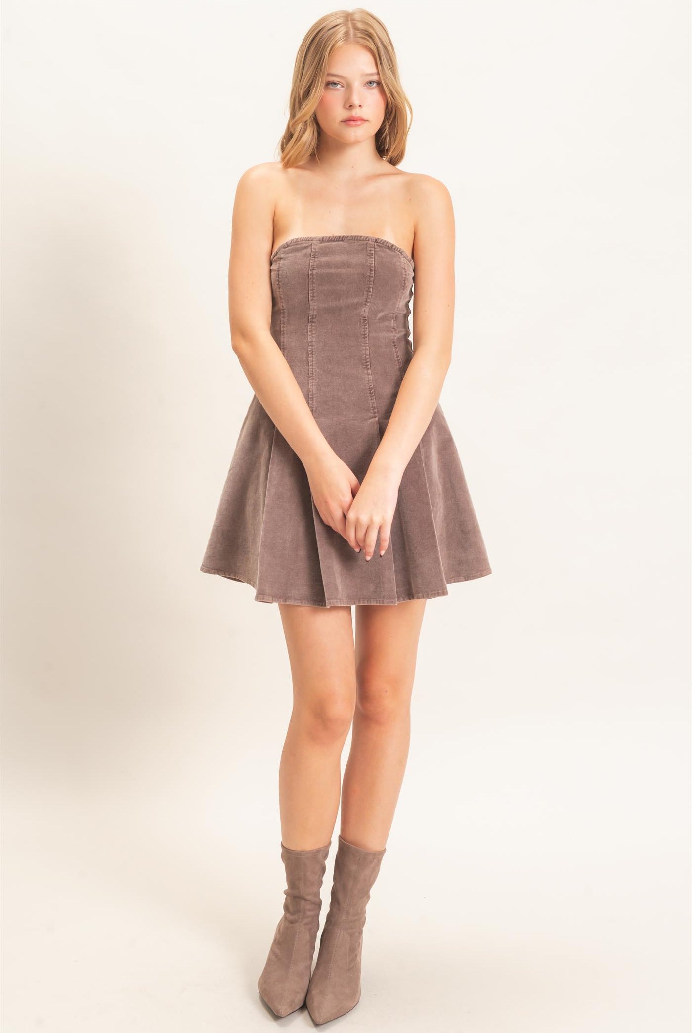 Wholesale Strapless Mineral Wash Dress Dresses HF26F215 BROWN HYFVE