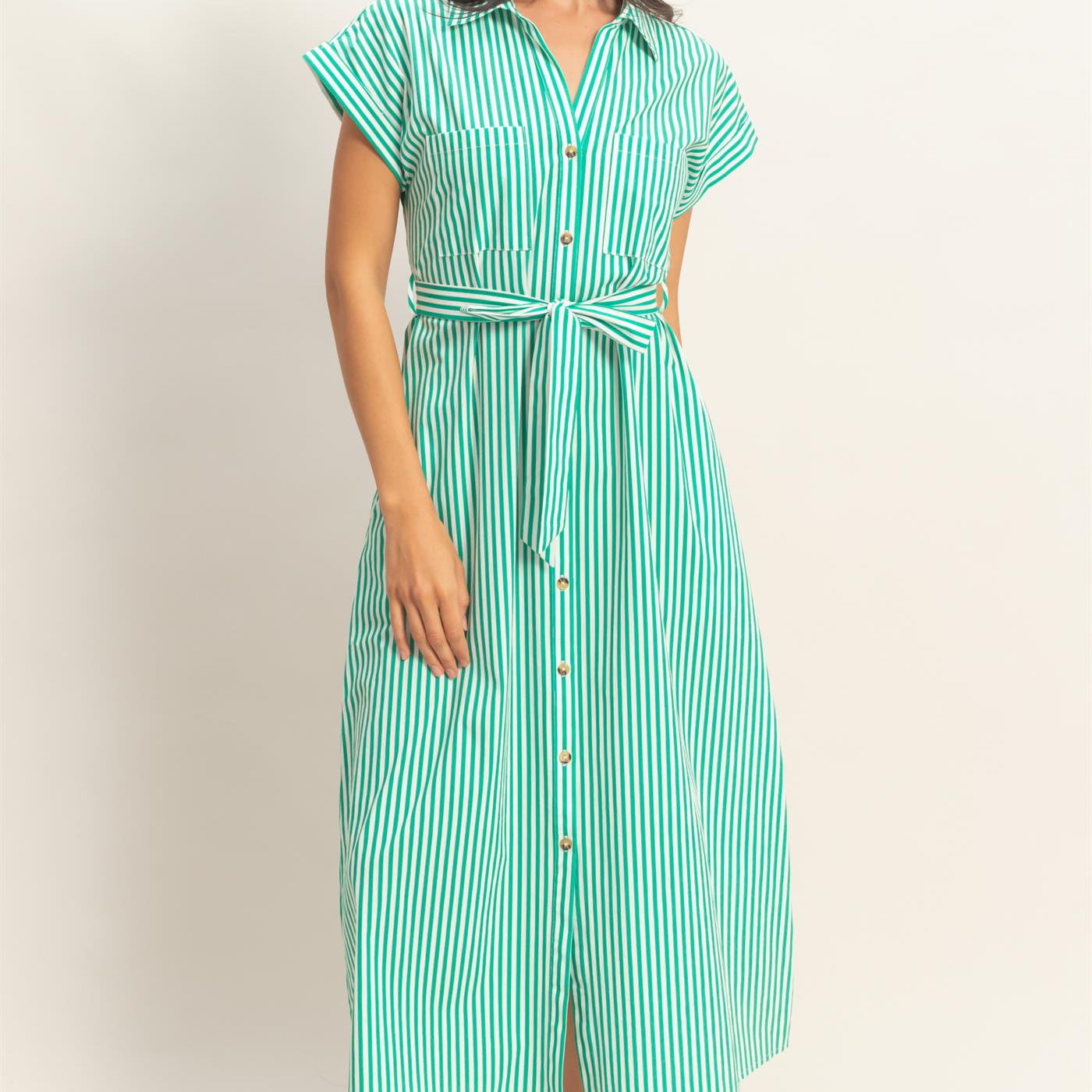 Wholesale Striped Poplin Belted Shirt Dress With Pockets Dresses DZ26C129 GREEN DOUBLE ZERO