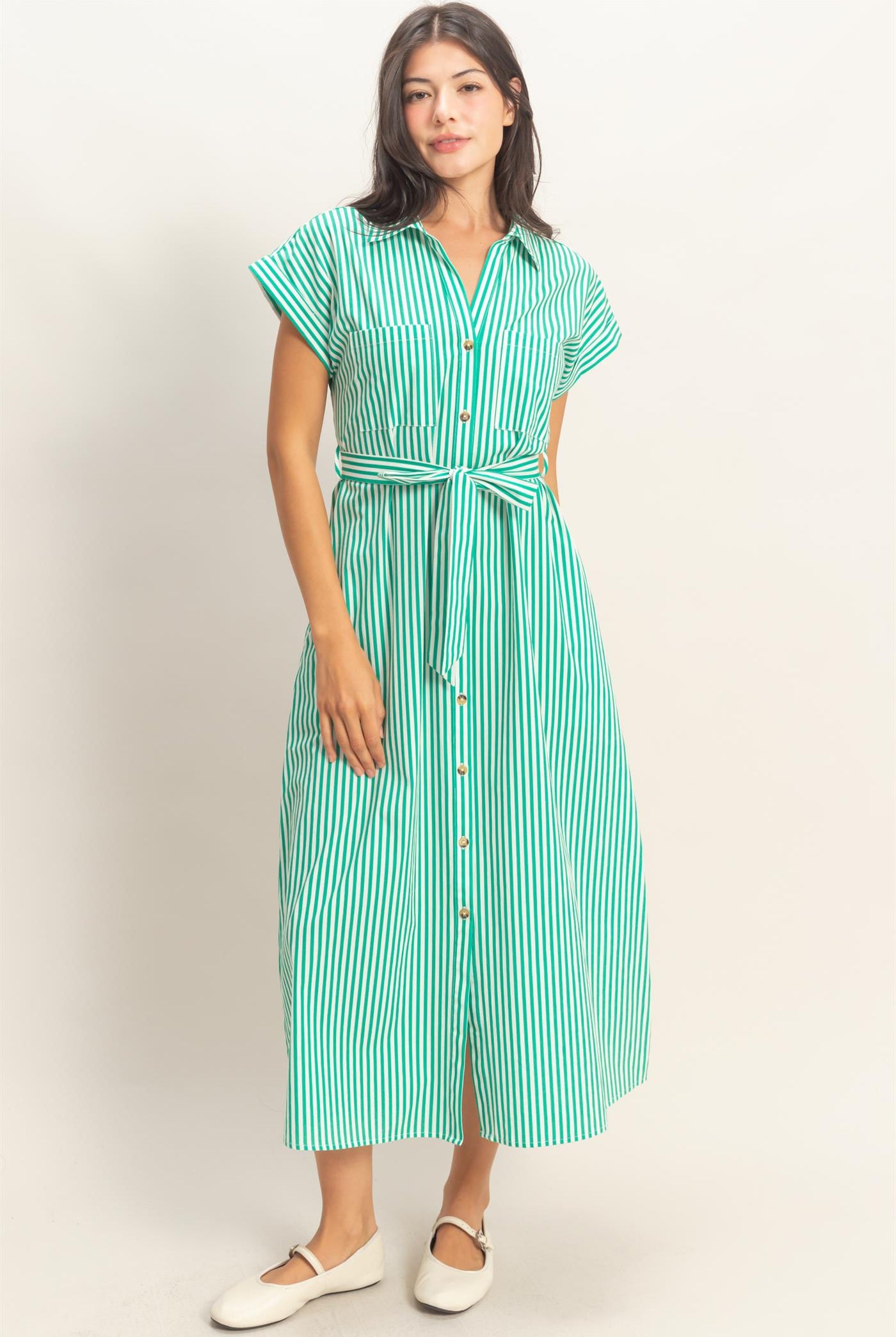 Wholesale Striped Poplin Belted Shirt Dress With Pockets Dresses DZ26C129 GREEN DOUBLE ZERO