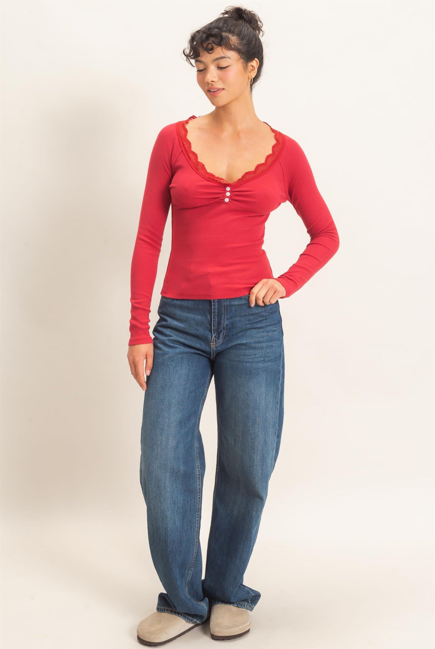 Wholesale Lace-Trim Henley Top Clothing Tops DZ26E325 DARK RED DOUBLE ZERO