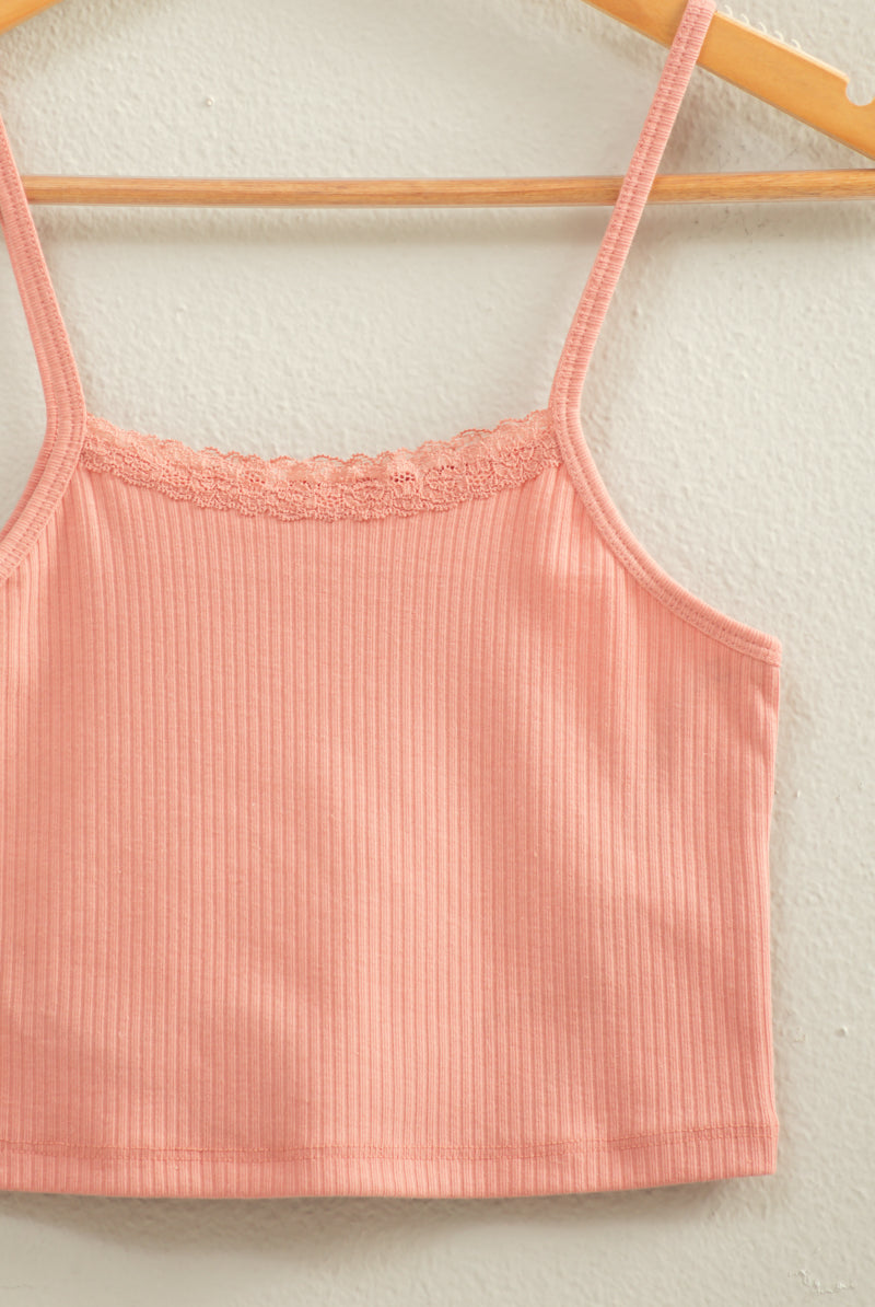 Wholesale Ribbed Lace Detail Cami Crop Top Clothing Tops DZ22C573 TEAK ROSE DOUBLE ZERO