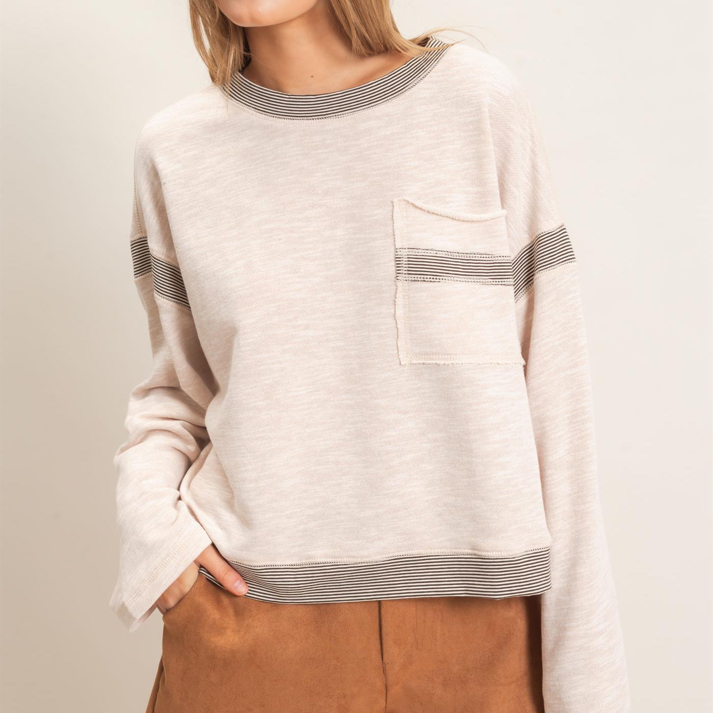 Wholesale Striped Trim Pocket Sweatshirt Sweatshirts HF26E557 OATMEAL HYFVE
