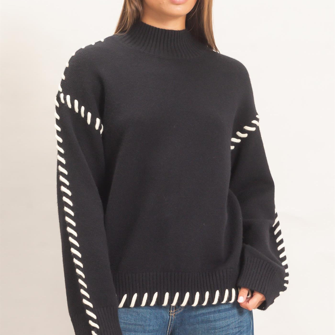 Wholesale Blanket Stitch High Neck Sweater Sweaters DZ27A190 BLACK DOUBLE ZERO