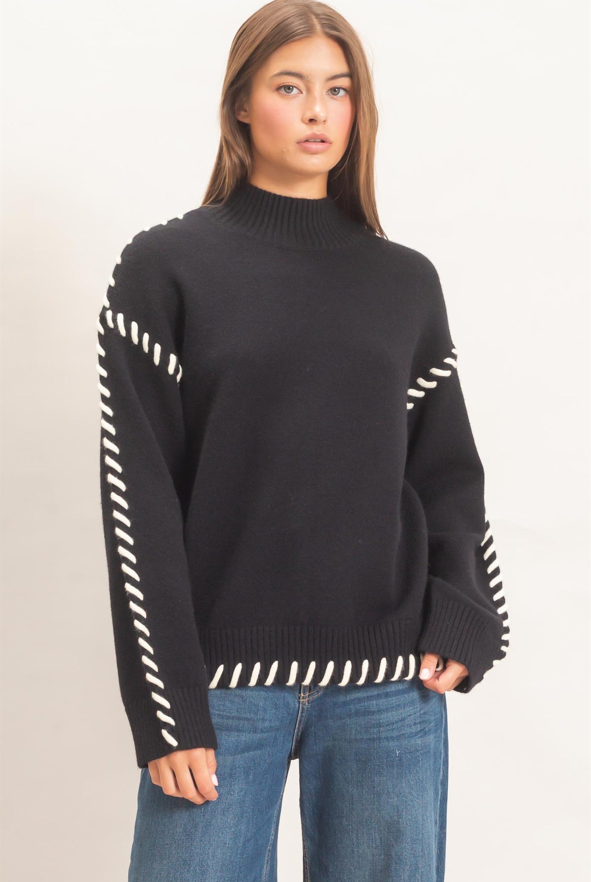 Wholesale Blanket Stitch High Neck Sweater Sweaters DZ27A190 BLACK DOUBLE ZERO