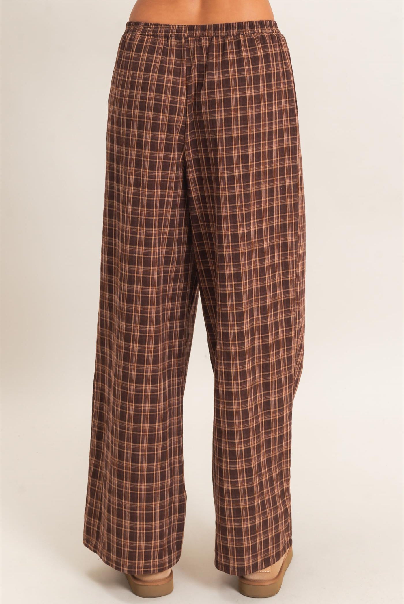 Wholesale Elastic Waist Plaid Pants Pants DZ26E375 BROWN DOUBLE ZERO