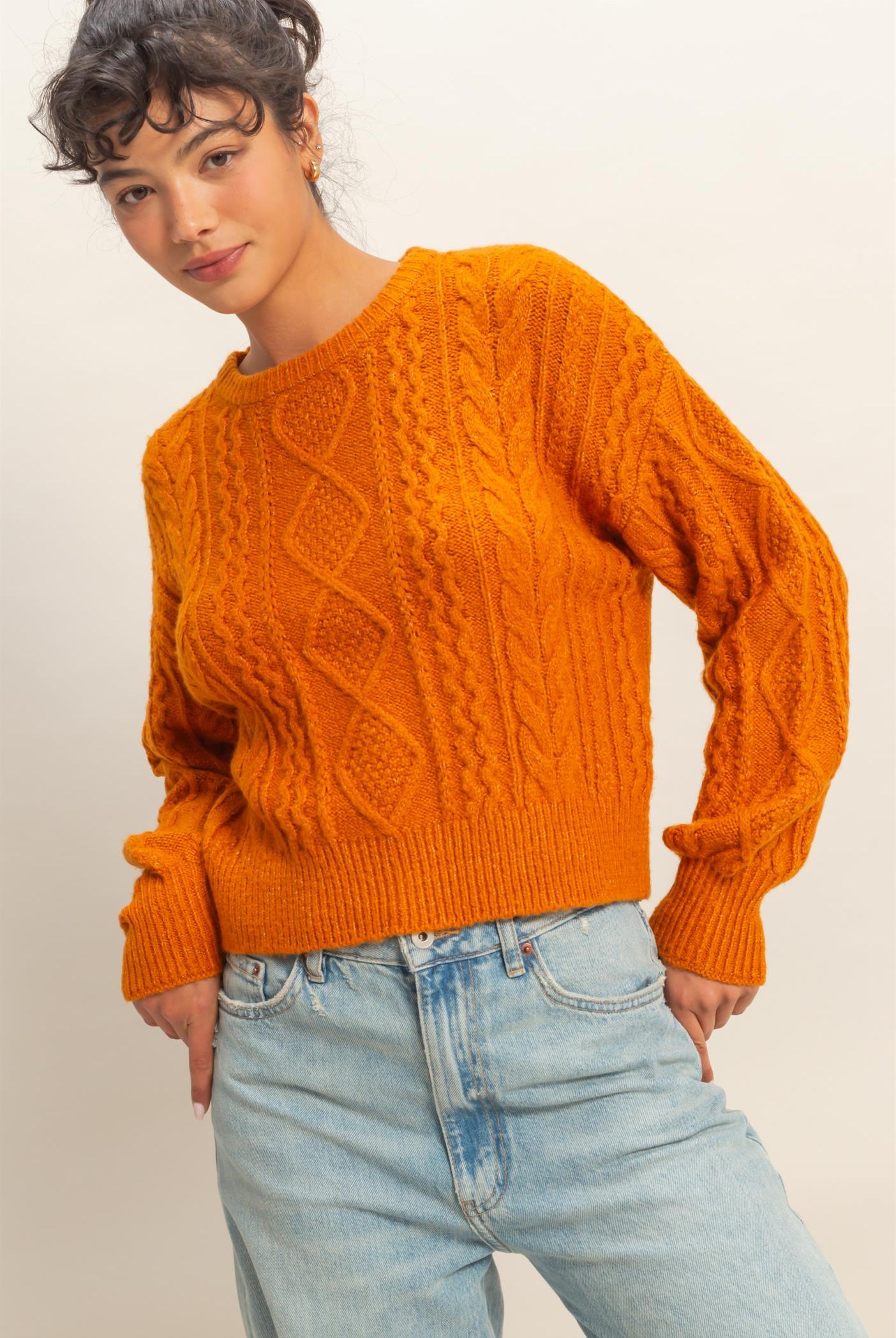 Wholesale Cable Knit Balloon Sleeve Sweater Sweaters DZ25F126 CARAMEL DOUBLE ZERO
