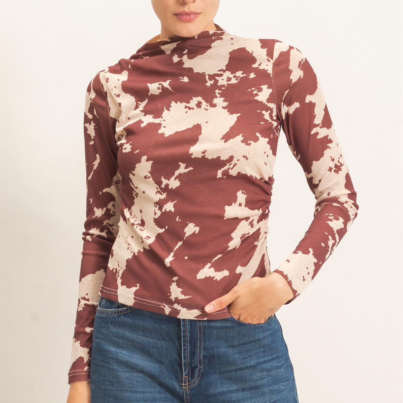 Wholesale Asymmetrical Cow Print Top Clothing Tops HF26E799 BROWN HYFVE