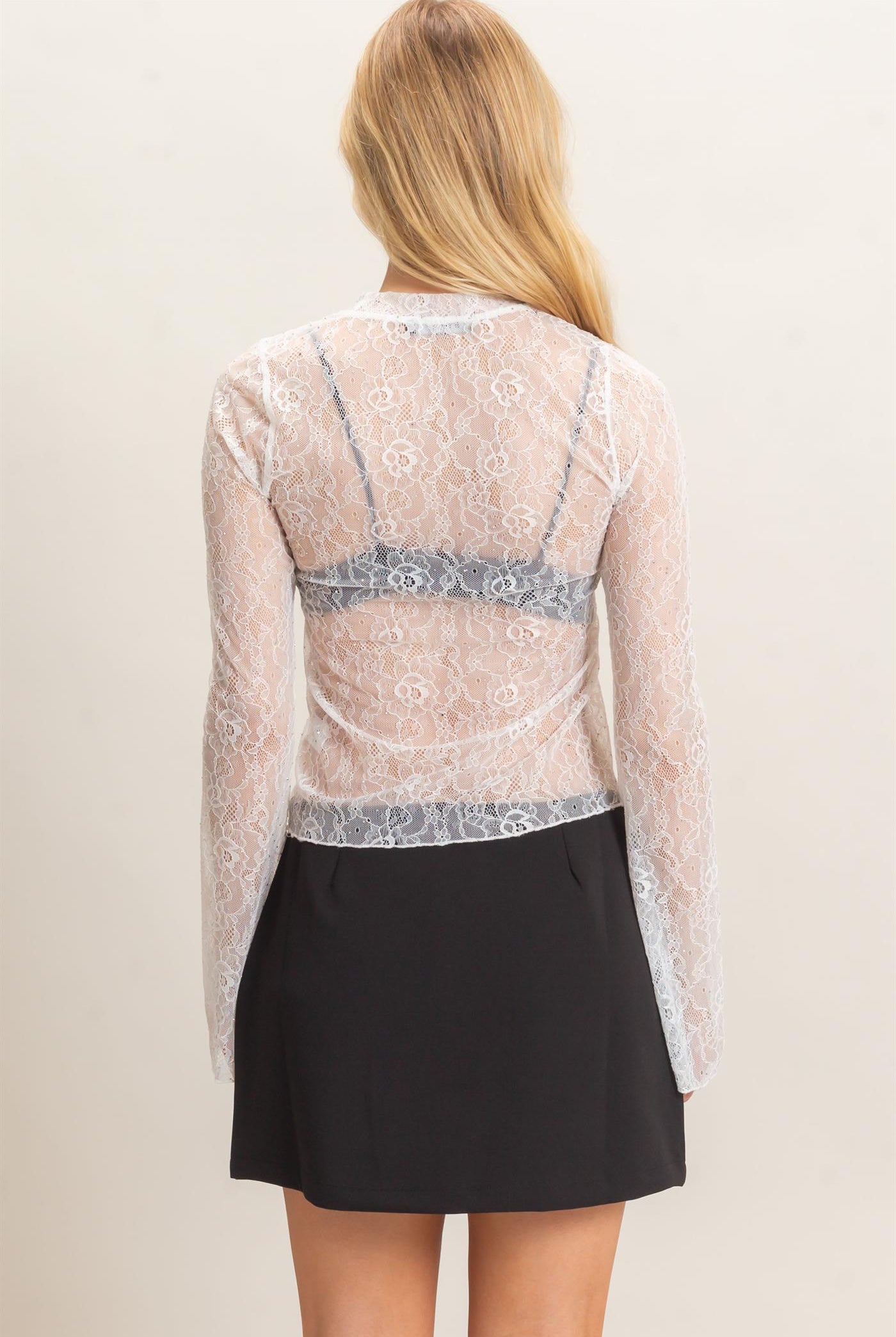 Wholesale Sheer Lace Gem-Embellished Top Clothing Tops HF26F055 WHITE HYFVE