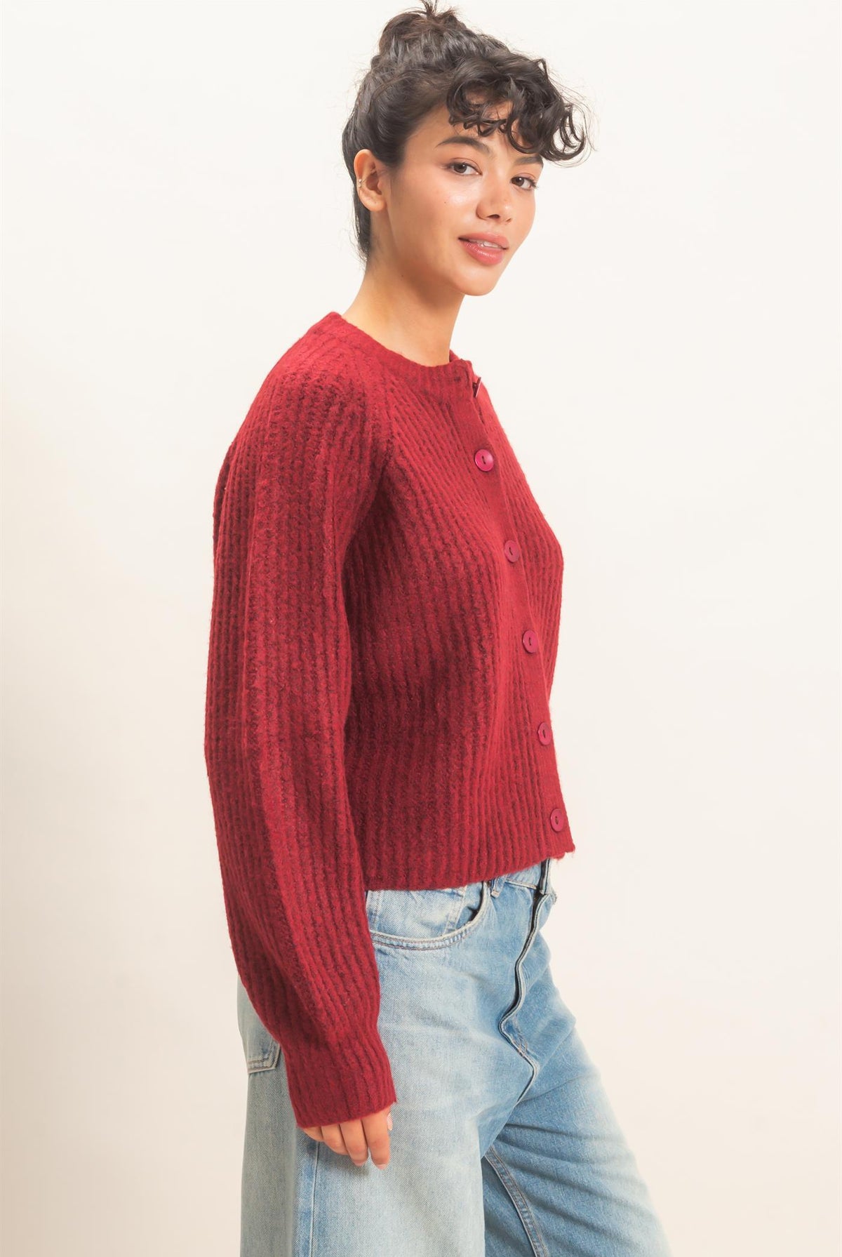 Wholesale Ribbed Button Front Cardigan Cardigans DZ26E109 BURGUNDY DOUBLE ZERO
