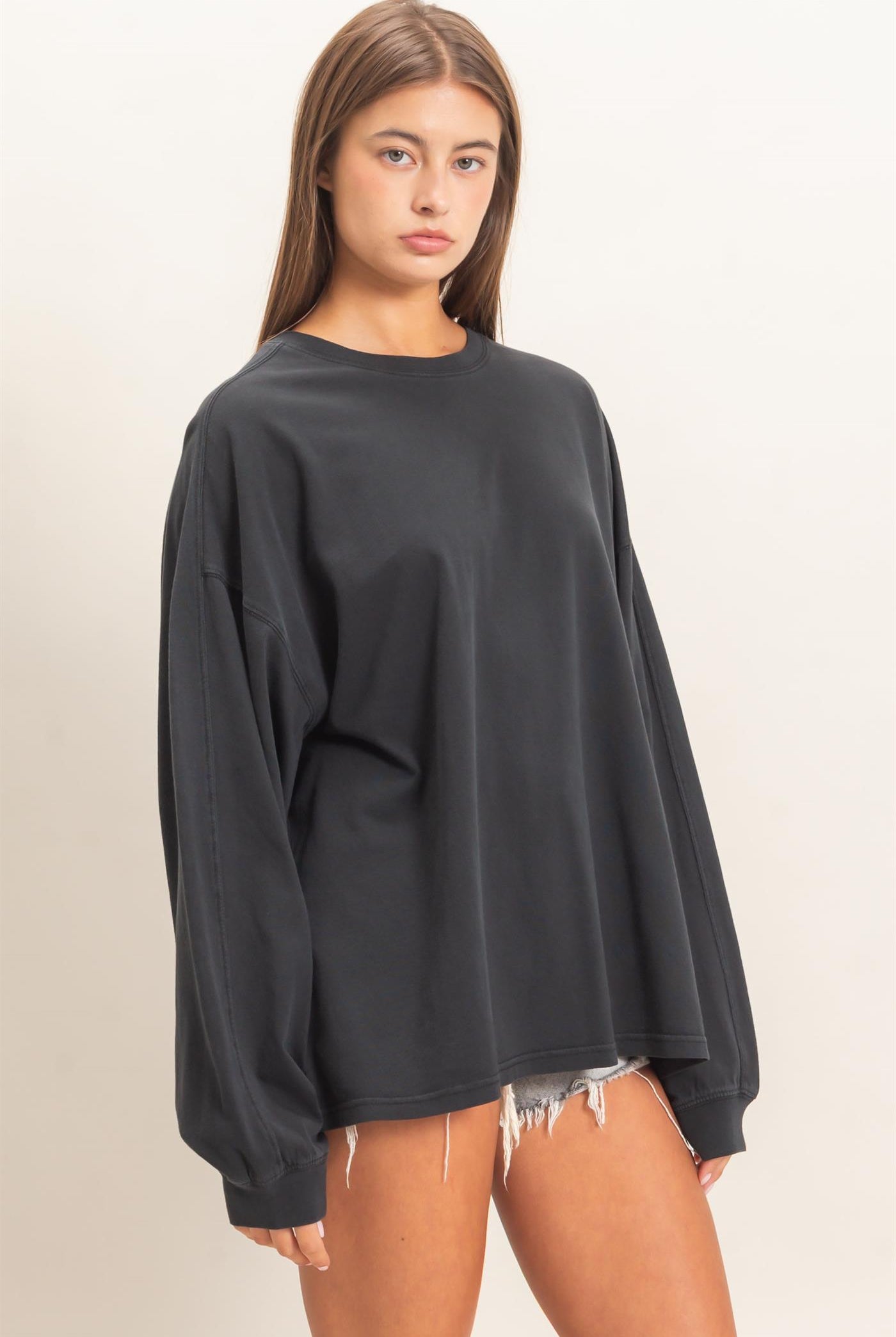 Wholesale Pigment Dye Oversized Long Sleeve Top Clothing Tops DZ26A825 BLACK DOUBLE ZERO