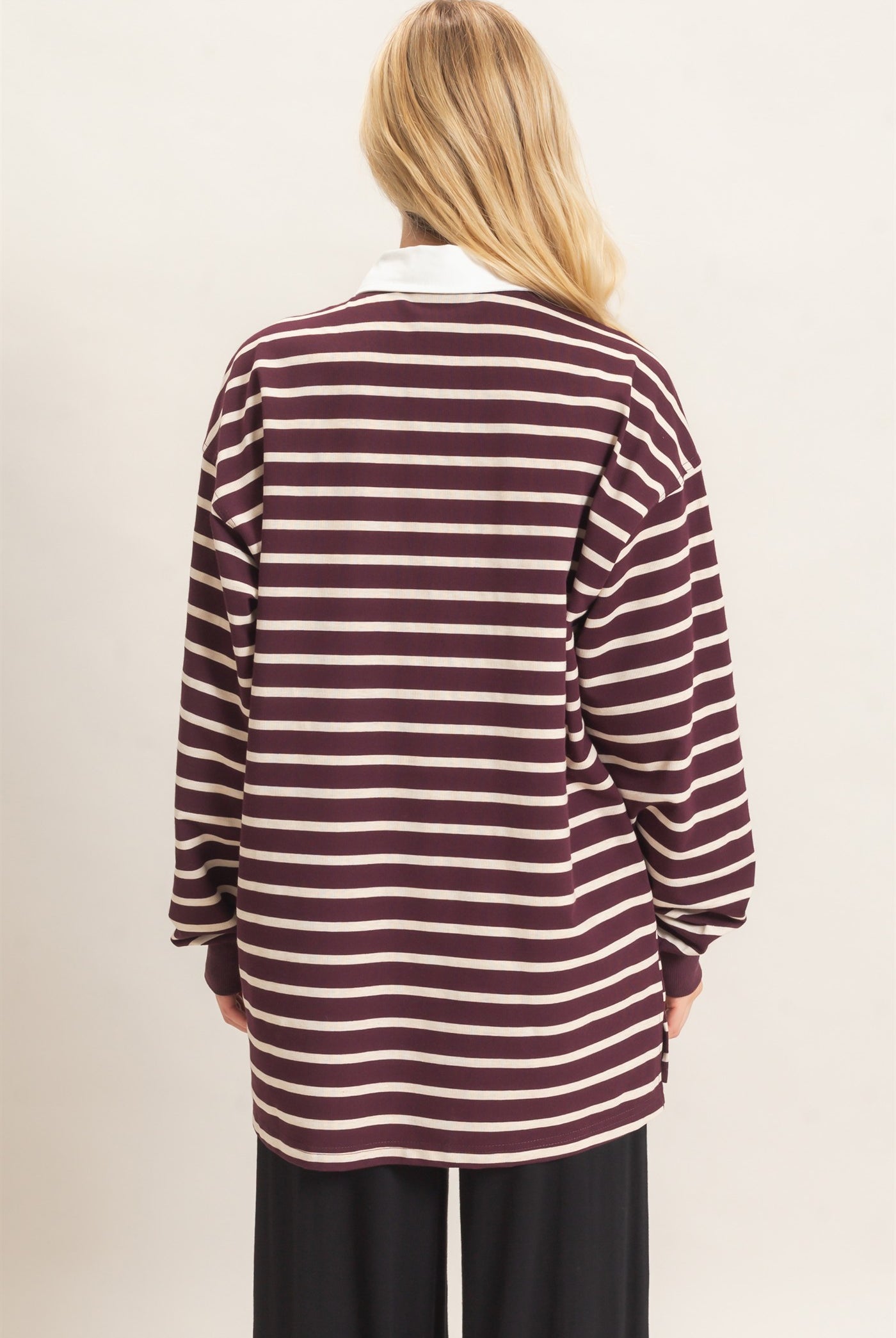 Wholesale Striped Polo Long Sleeve Top Clothing Tops HF26F078 RASPBERRY/ECRU HYFVE