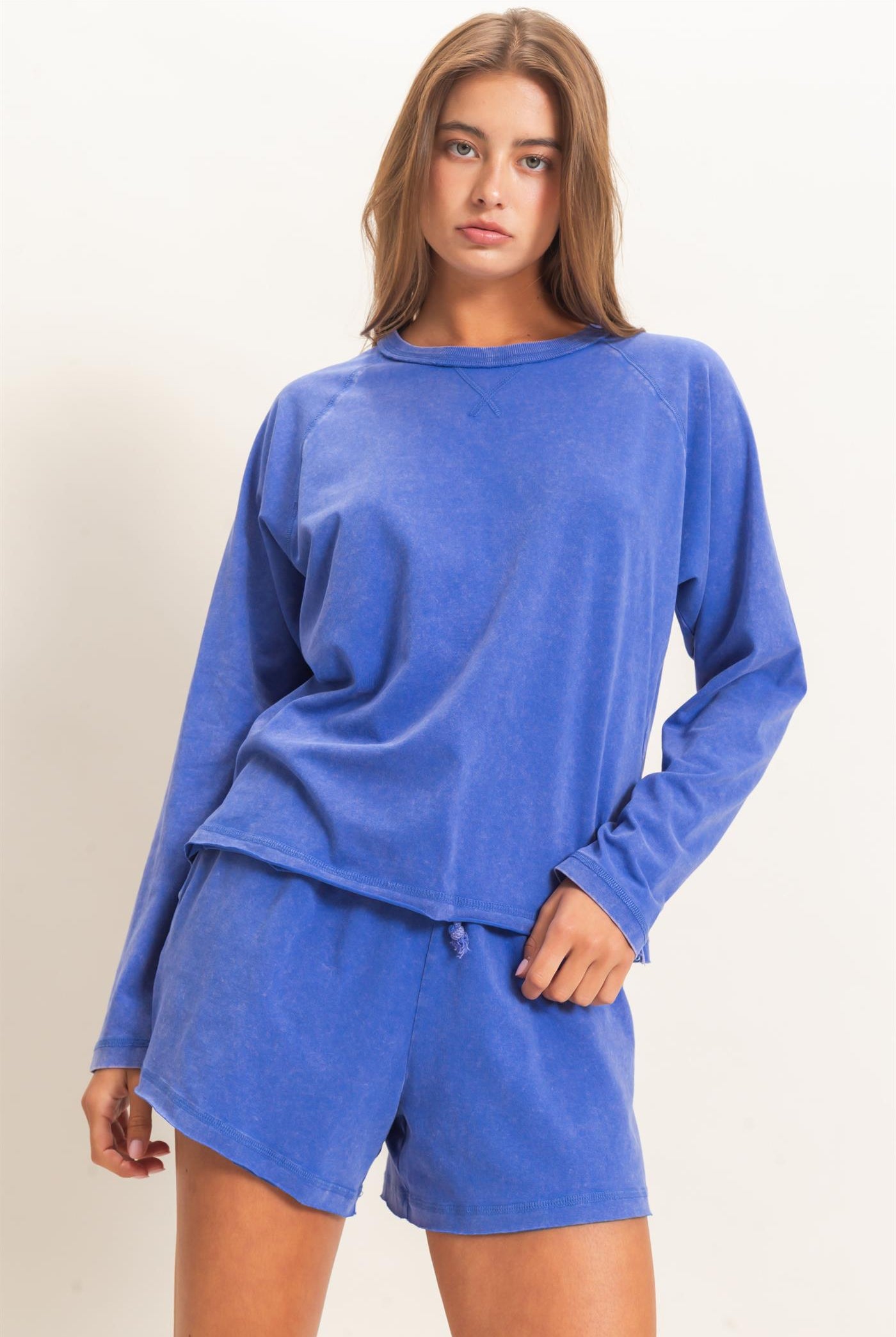 Wholesale Mineral Wash Long Sleeve Raw Edge Top & Shorts Set Clothing DZ26F403-SET COBALT DOUBLE ZERO