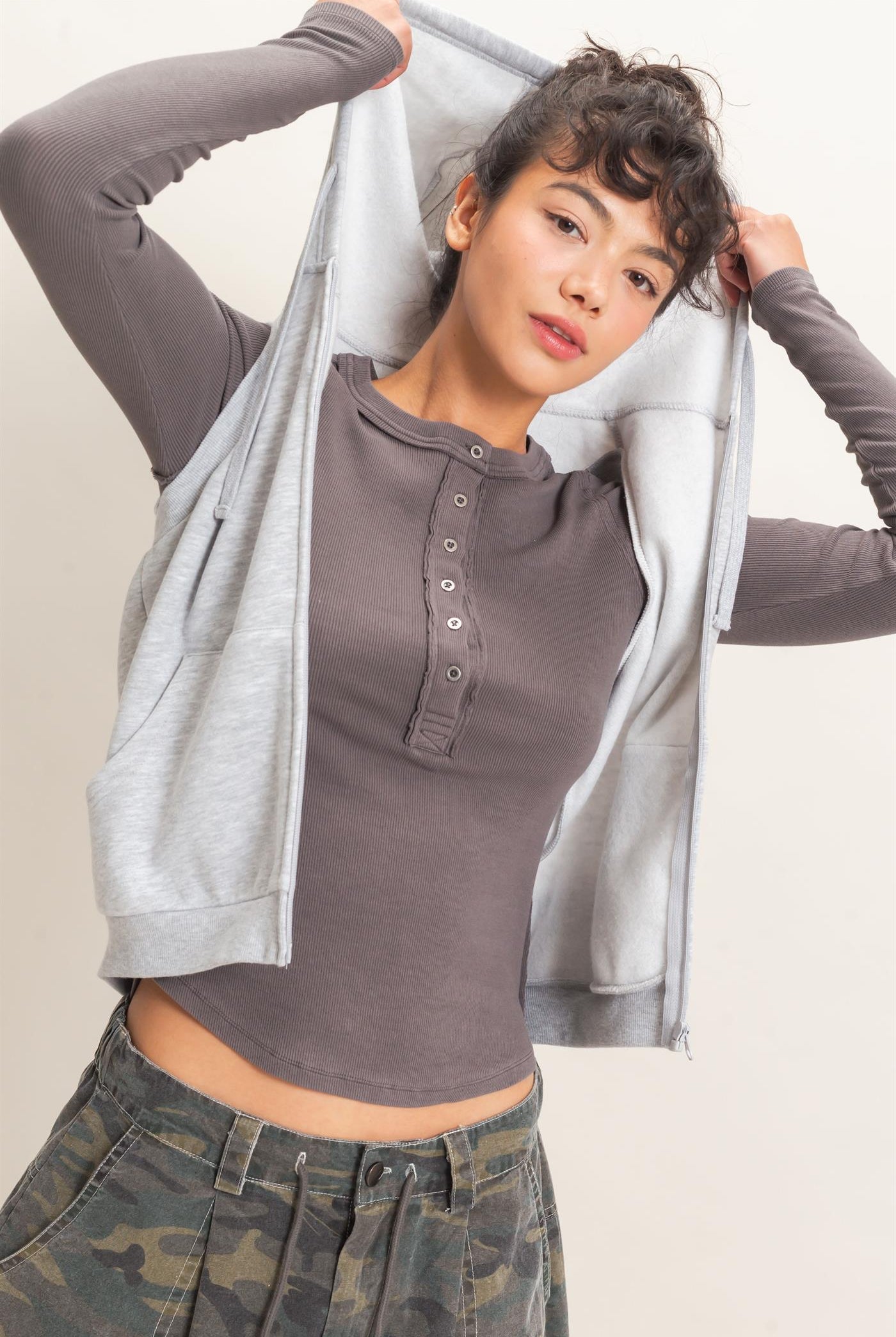 Wholesale Sleeveless Zip Up Hoodie Hoodies DZ26E330 HEATHER GRAY DOUBLE ZERO