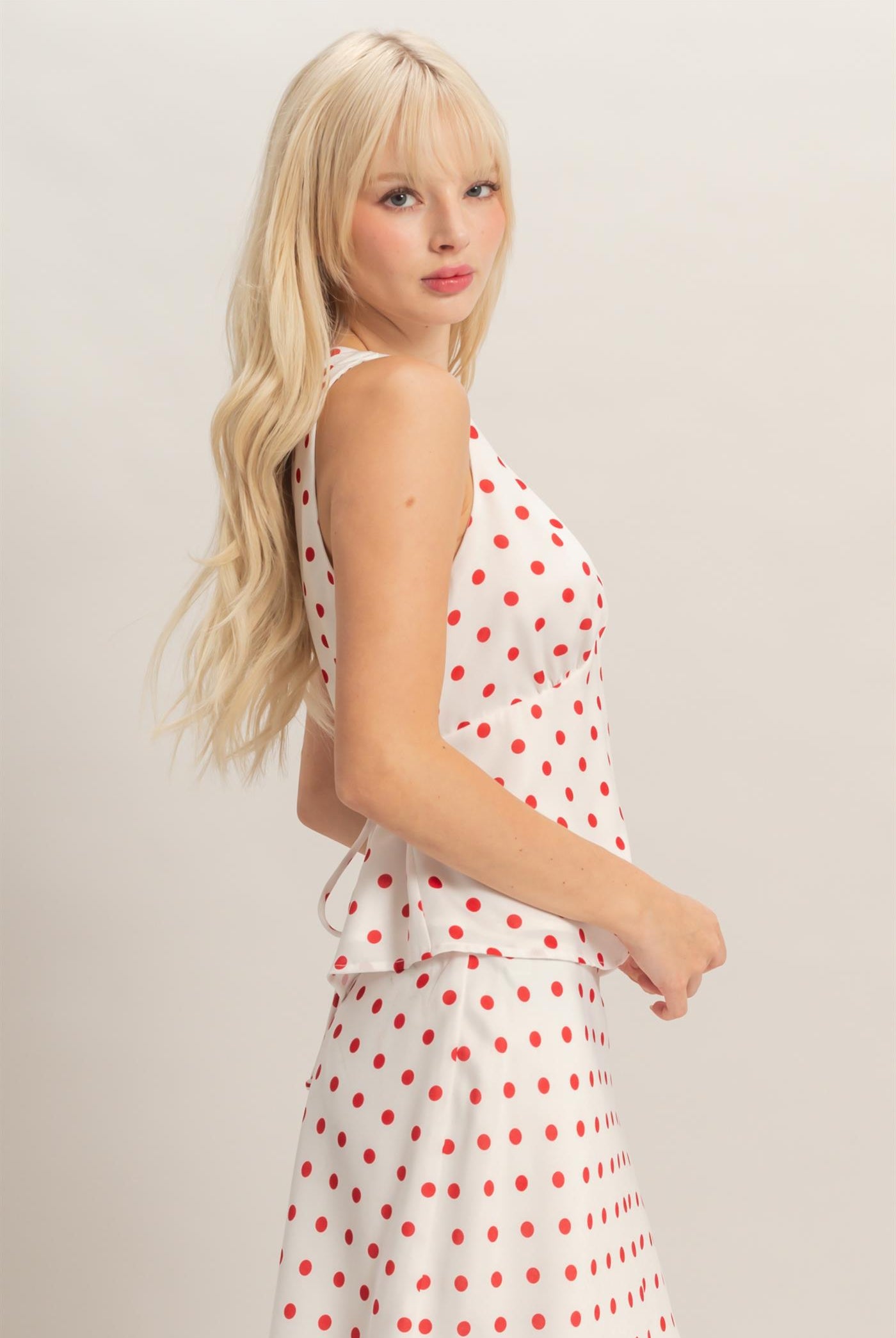 Wholesale Polka Dot V-Neck Satin Top Clothing Tops DZ26C198 RED DOUBLE ZERO