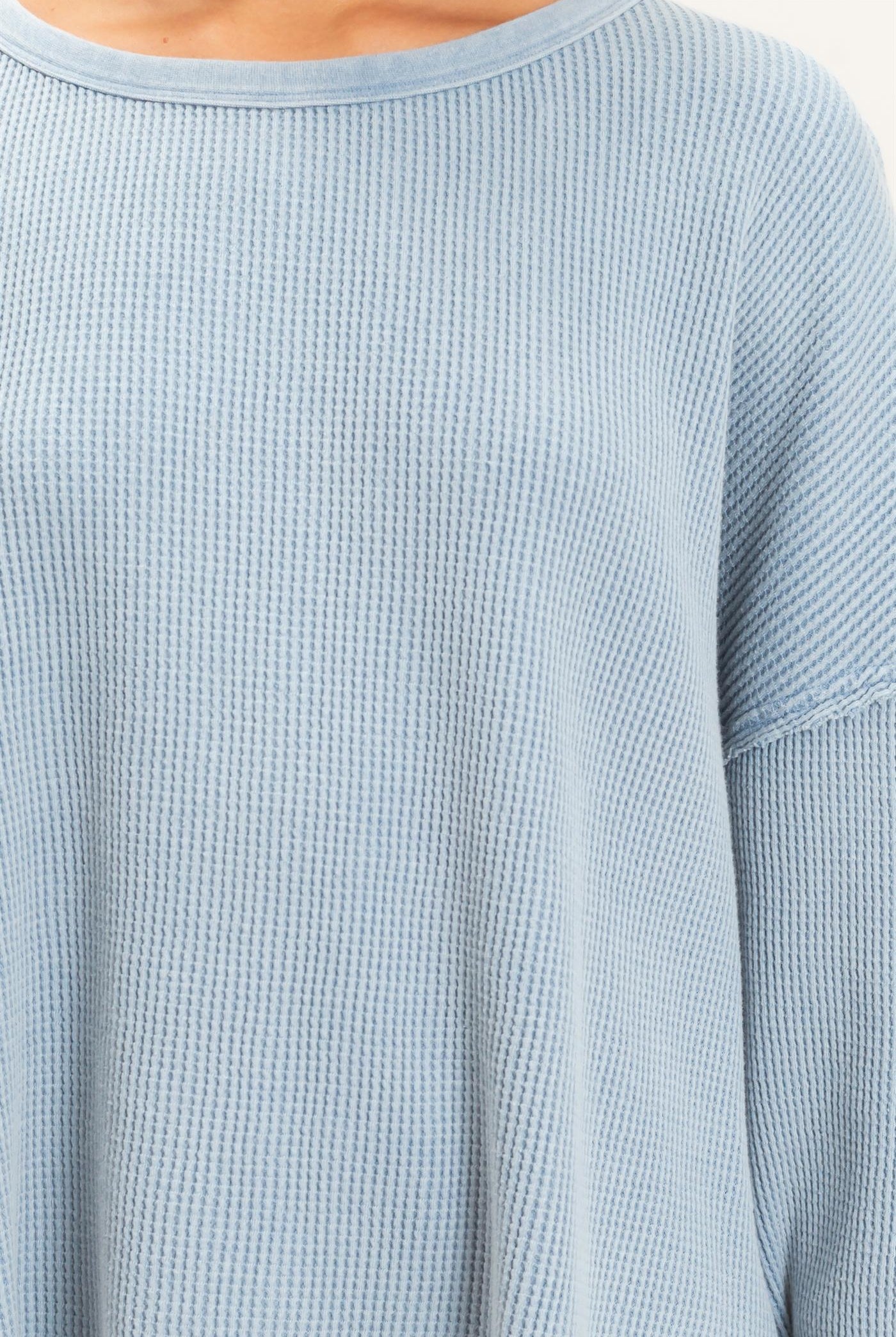 Wholesale Mineral Wash Waffle Oversized Top Clothing Tops DZ26E248 DUSTY BLUE DOUBLE ZERO