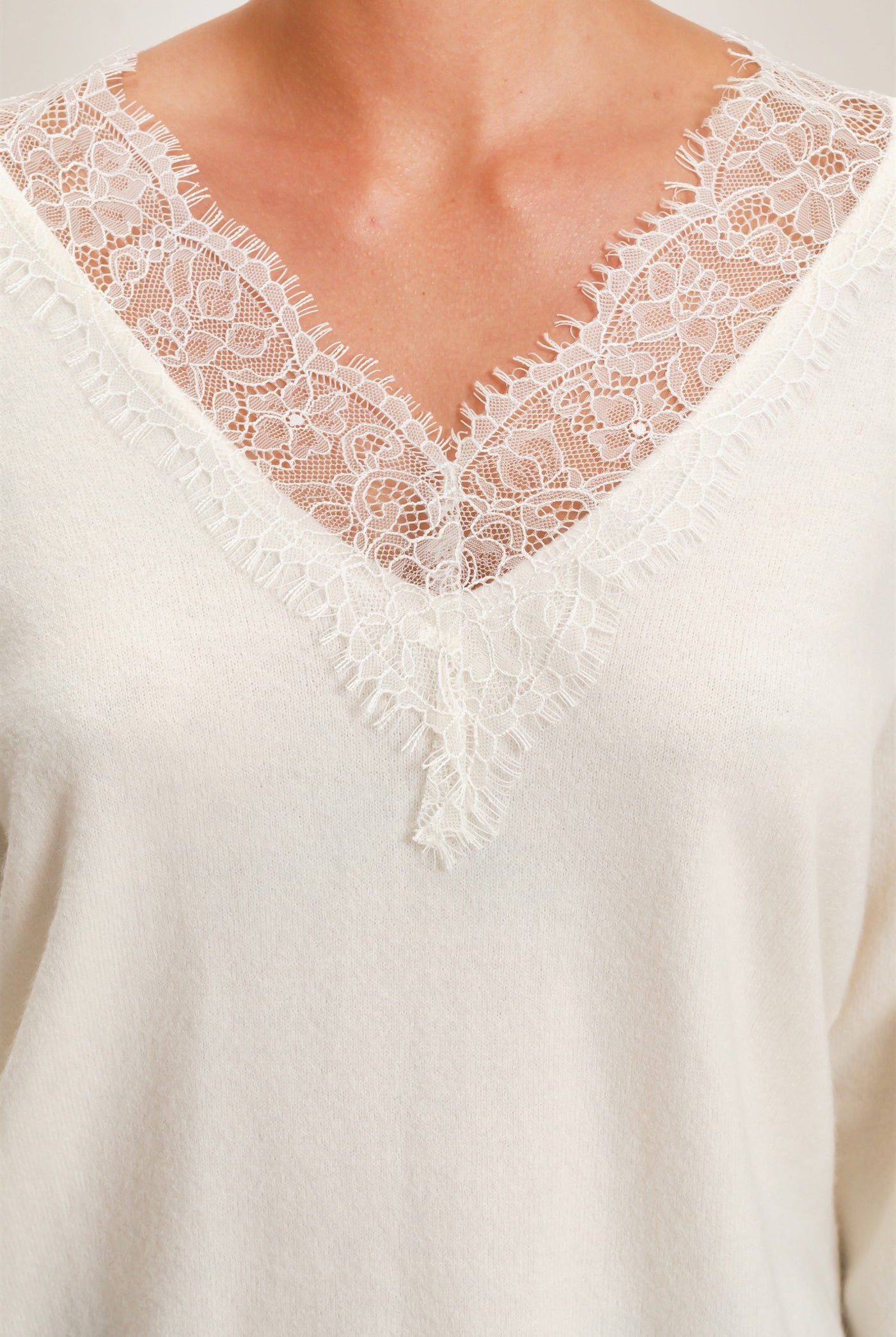 Wholesale Lace Trim V-Neck Sweater Sweaters DZ26E327 CREAM DOUBLE ZERO