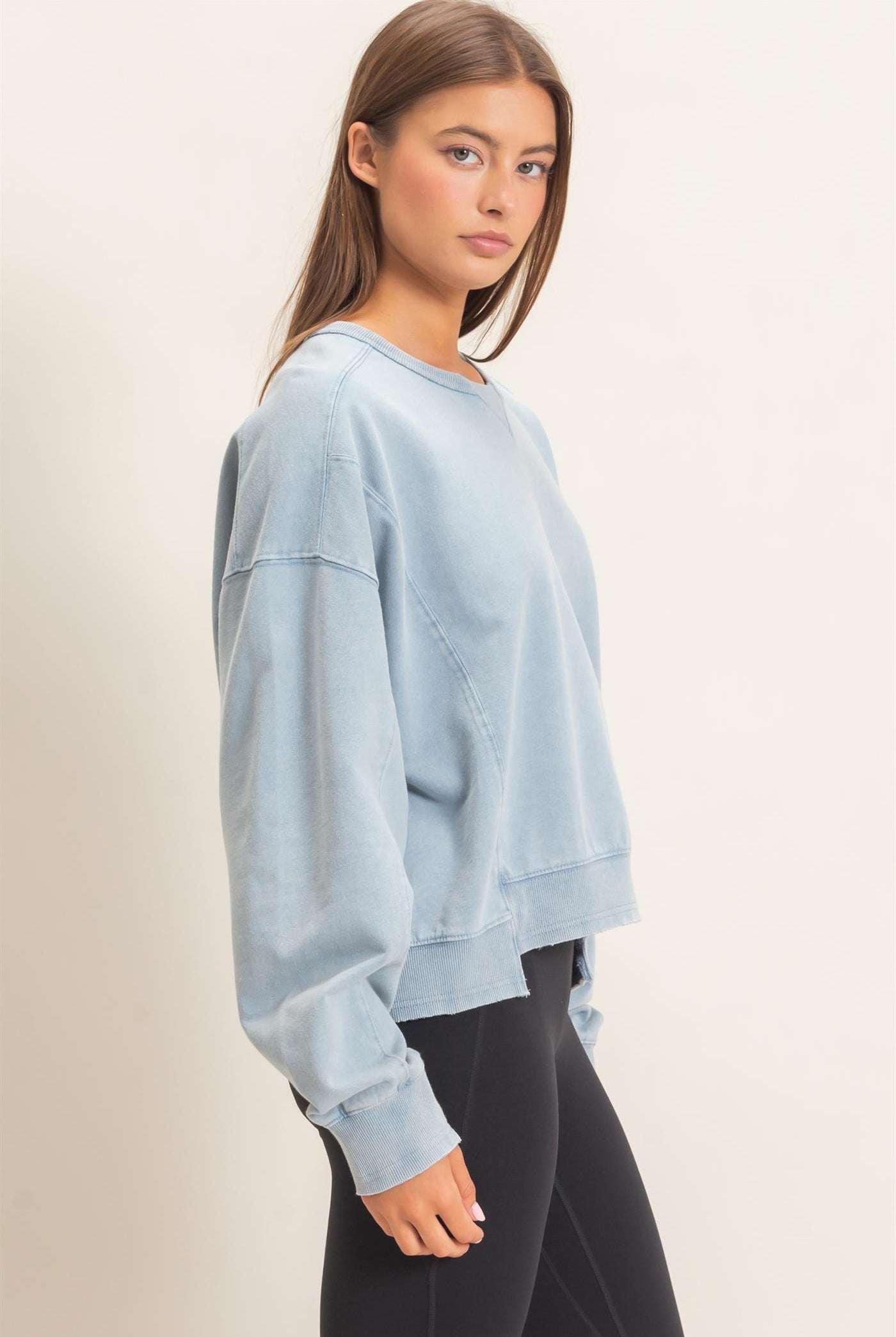 Wholesale Acid Wash Seam Detail Crew Neck Sweatshirt Sweatshirts DZ26E260 DUSTY BLUE DOUBLE ZERO