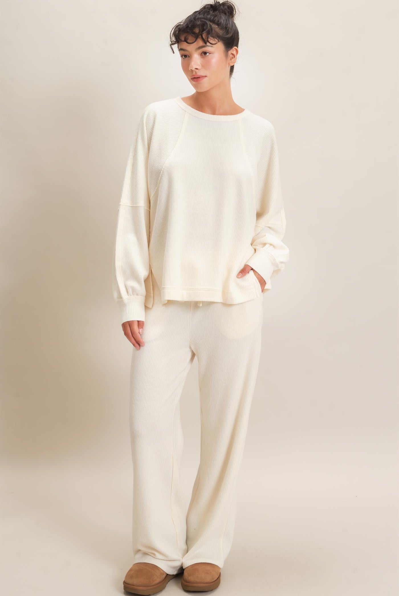 Wholesale Brushed Waffle Long Sleeve Top Clothing Tops DZ26F312 CREAM DOUBLE ZERO