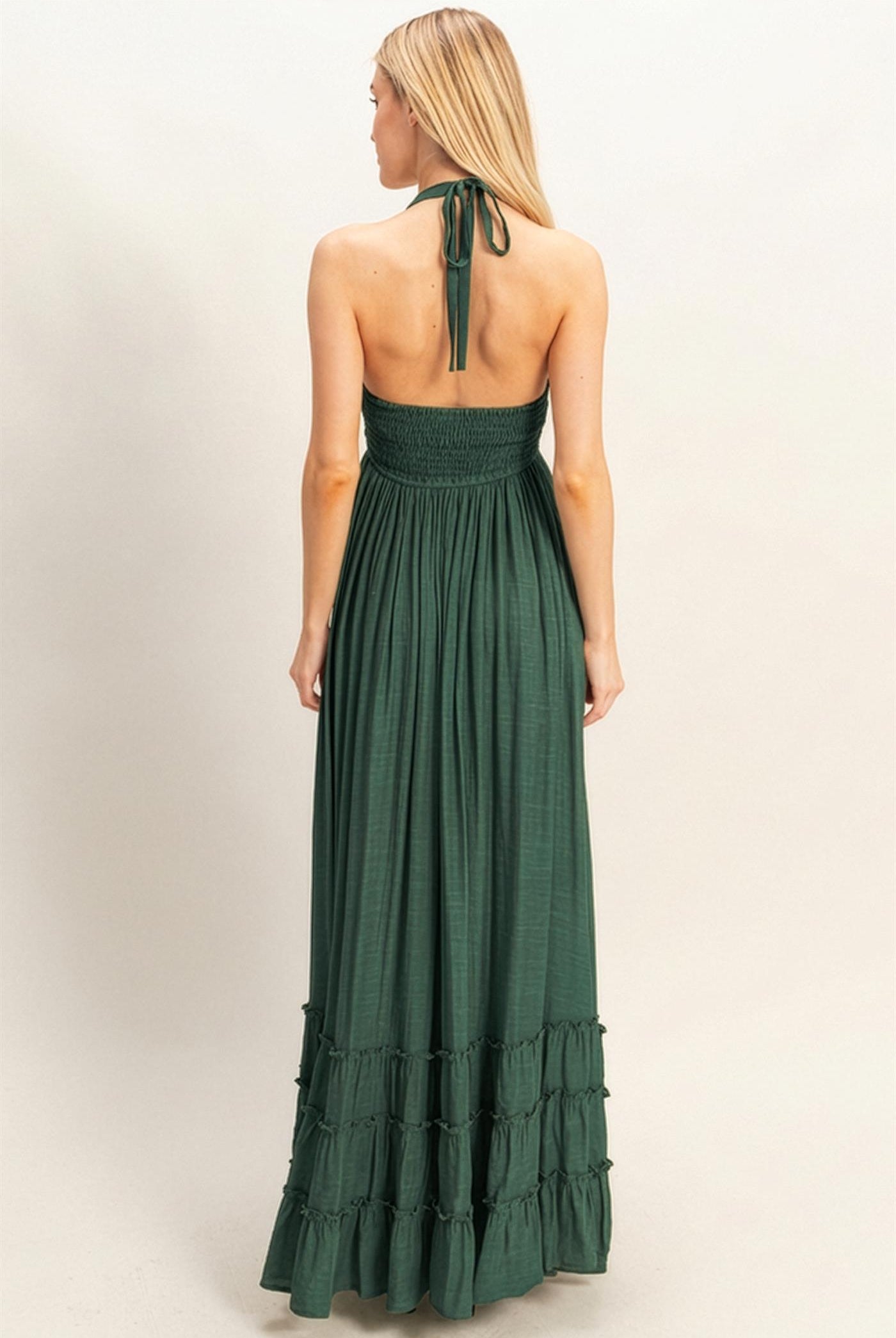 Wholesale Halter Neck Smocked Maxi Dress Dresses HF26C287-D HUNTER GREEN HYFVE