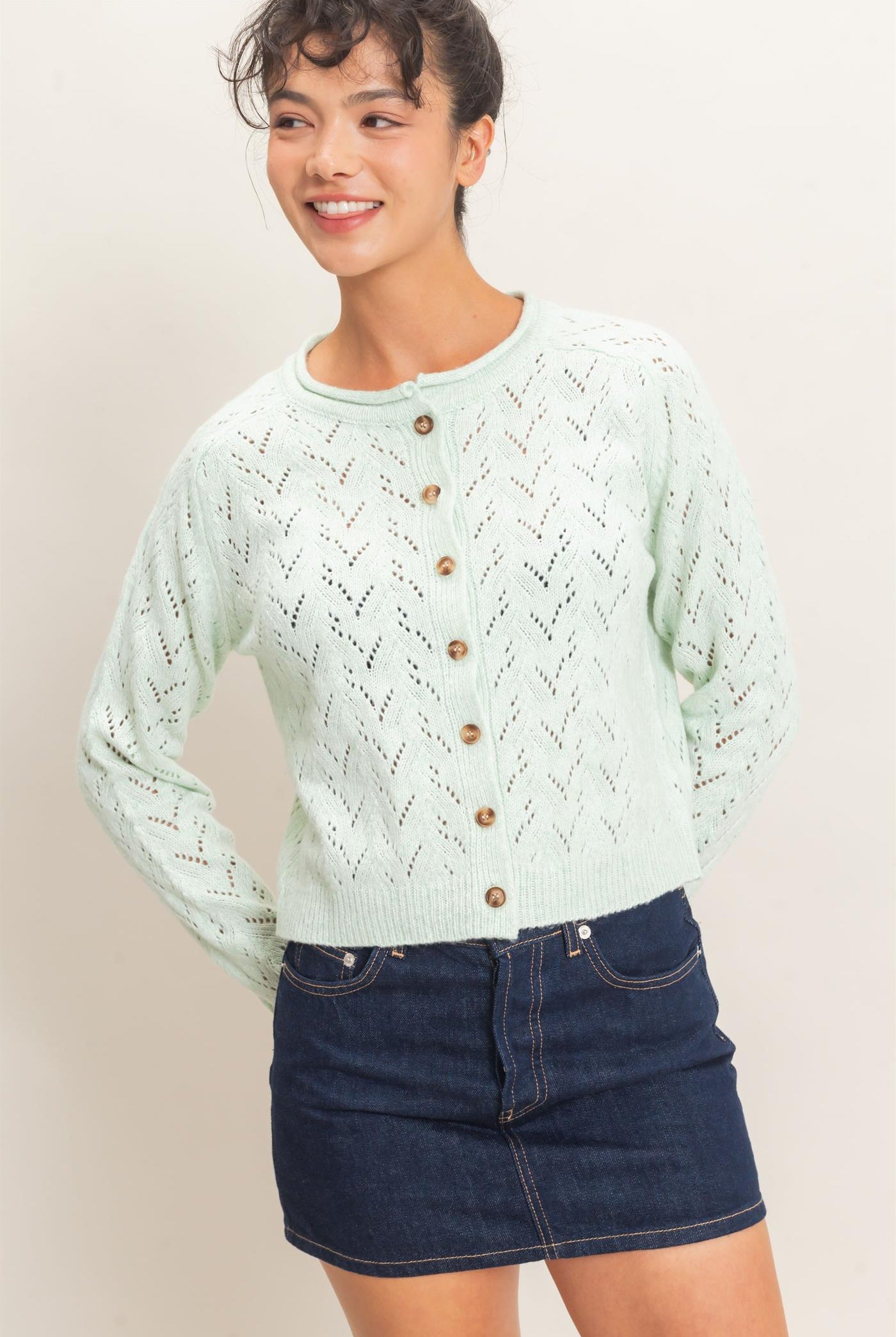 Wholesale Pointelle Knit Button Front Cardigan Cardigans DZ26C978 PALE GREEN DOUBLE ZERO