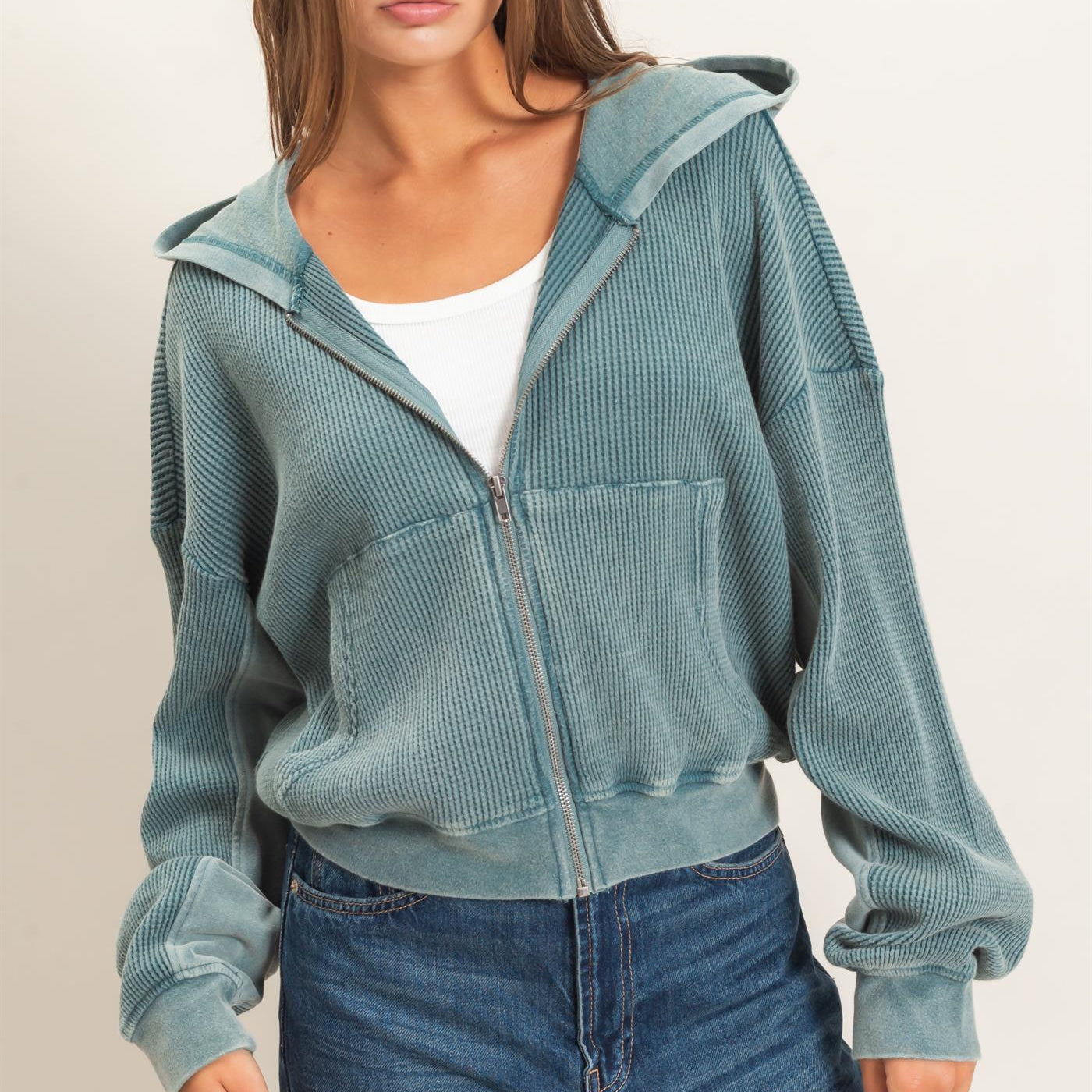 Wholesale Acid Wash Waffle Knit Zip-Up Hoodie Hoodies DZ26E401 DARK TEAL DOUBLE ZERO