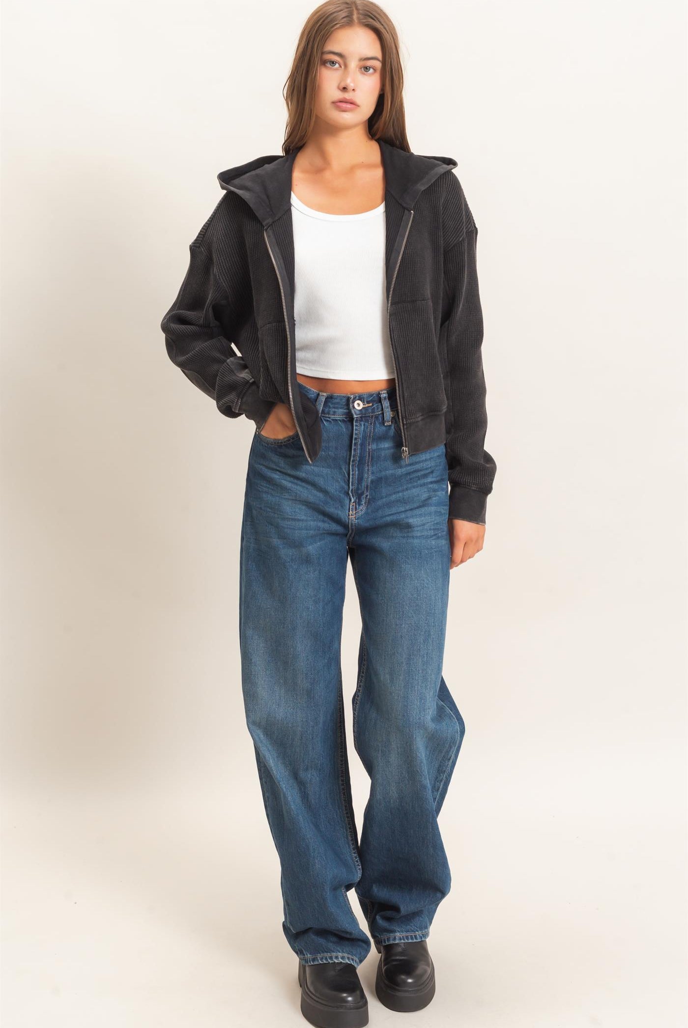 Wholesale Acid Wash Waffle Knit Zip-Up Hoodie Hoodies DZ26E401 BLACK DOUBLE ZERO