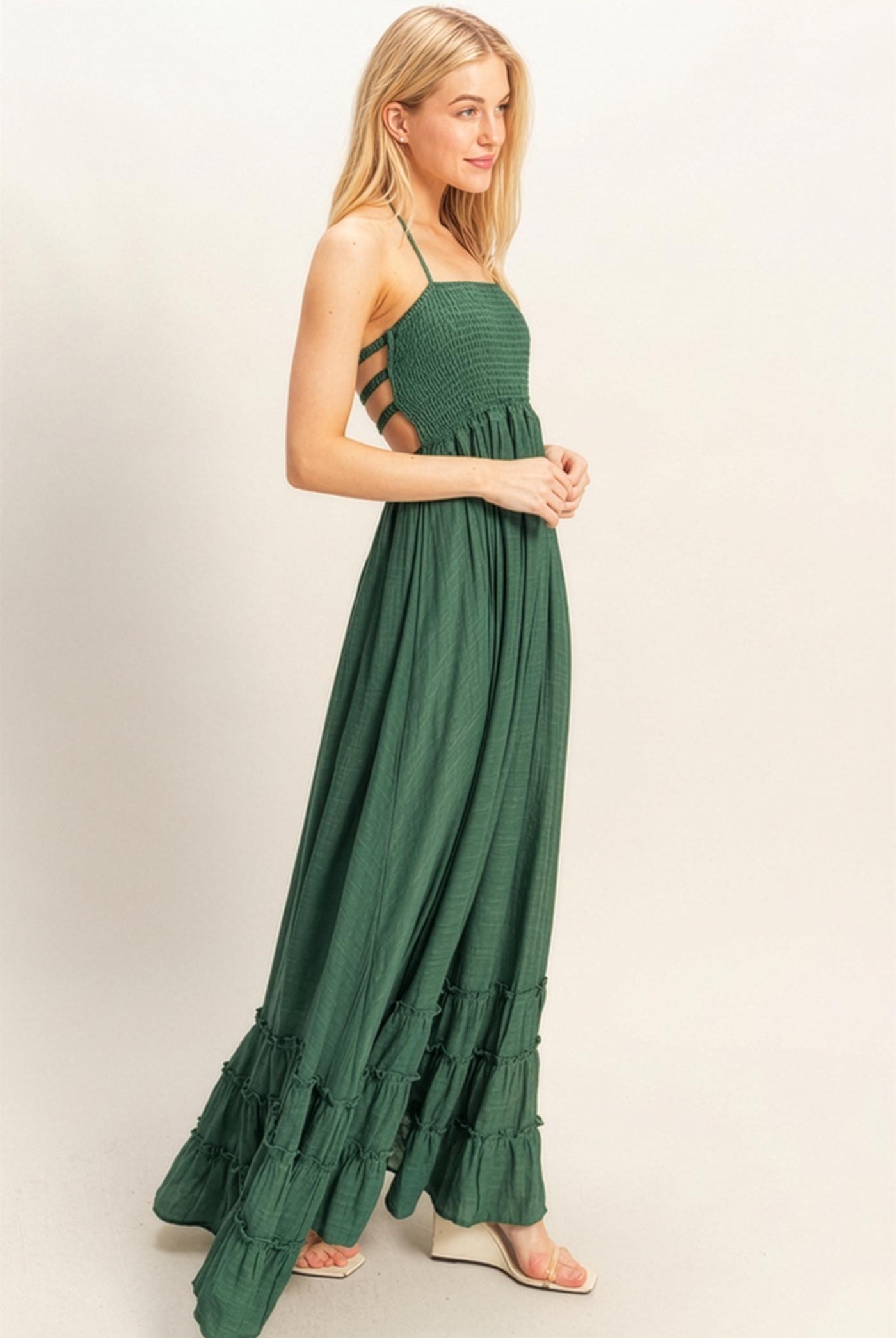 Wholesale Smocked Halter Maxi Dress Dresses HF26C290-D HUNTER GREEN HYFVE