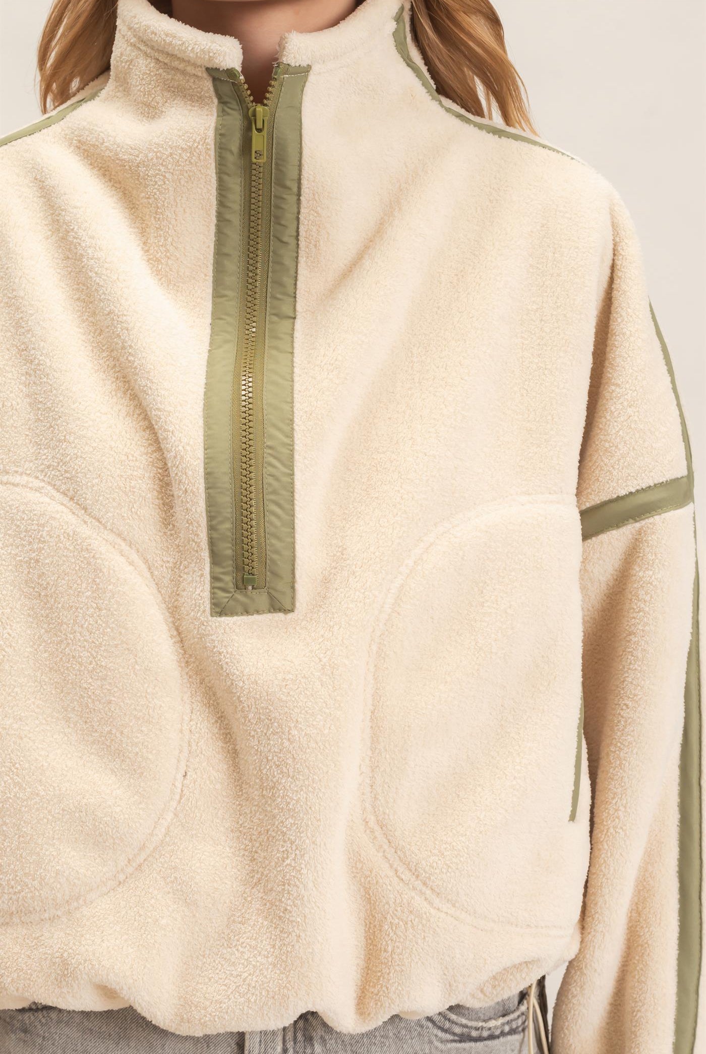 Wholesale Contrast Trim Half-Zip Fleece Pullover Outerwear HF26F206-D LIGHT BEIGE HYFVE