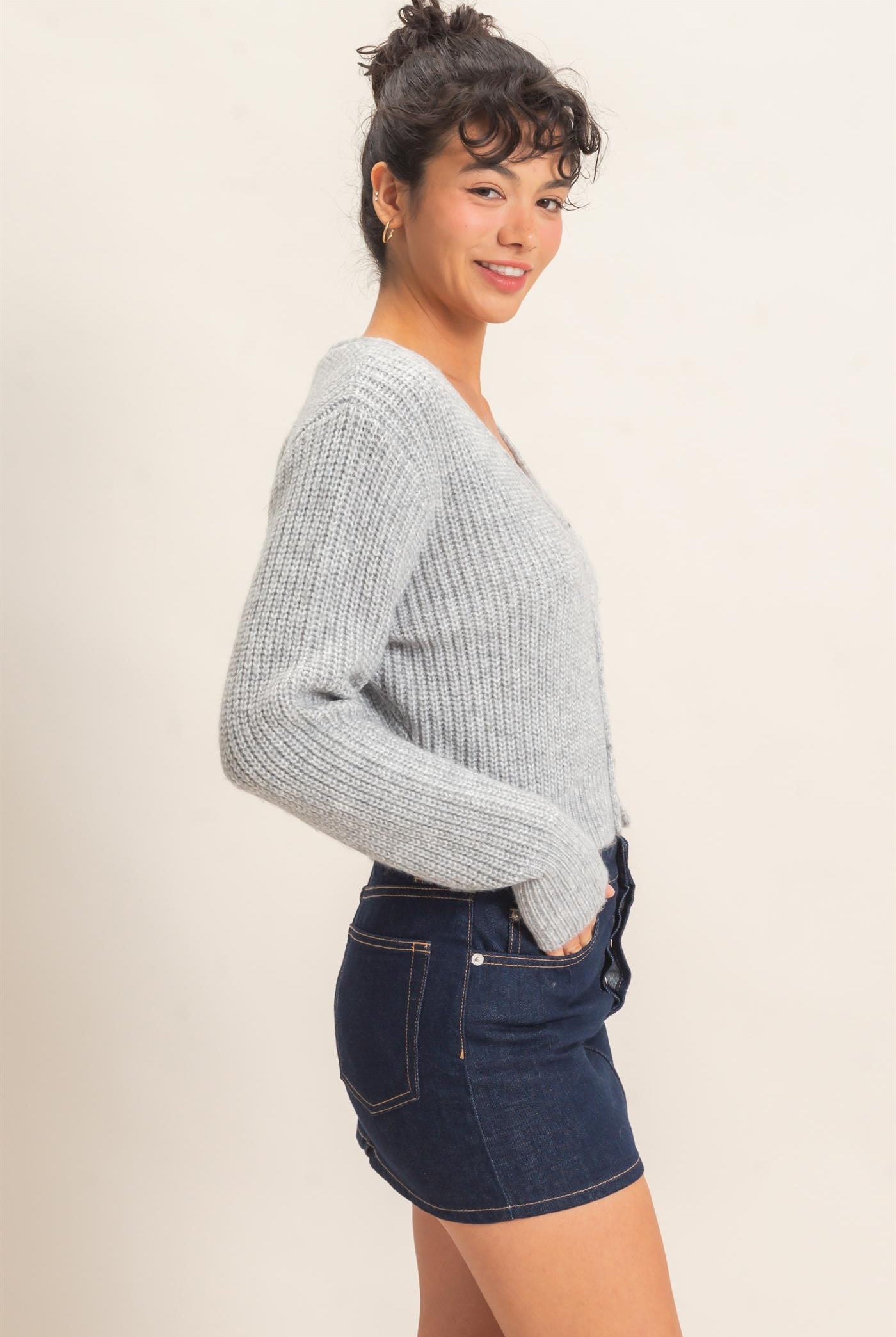 Wholesale V-Neck Ribbed Cardigan Cardigans DZ26E106 HEATHER GRAY DOUBLE ZERO