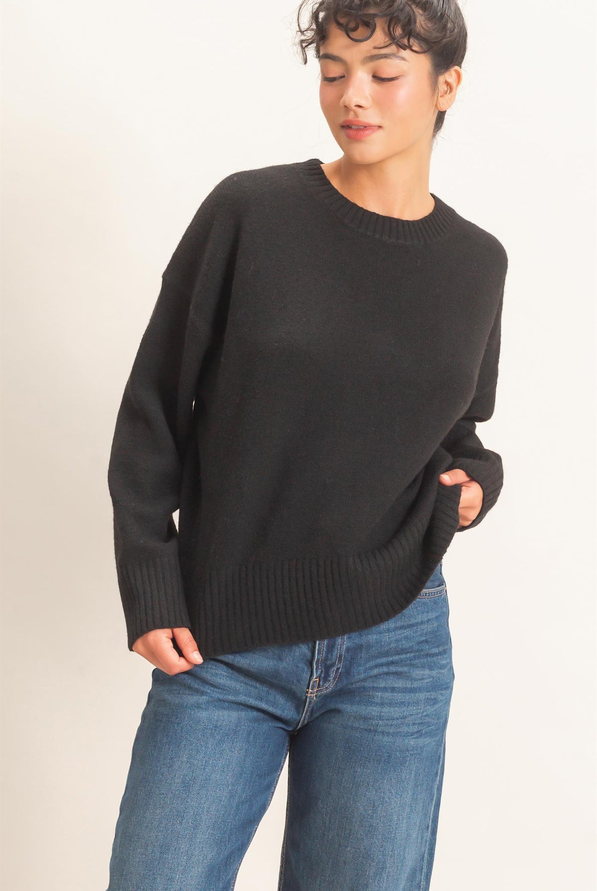 Wholesale Relaxed Fit Crew Neck Sweater Sweaters DZ26E956 BLACK DOUBLE ZERO