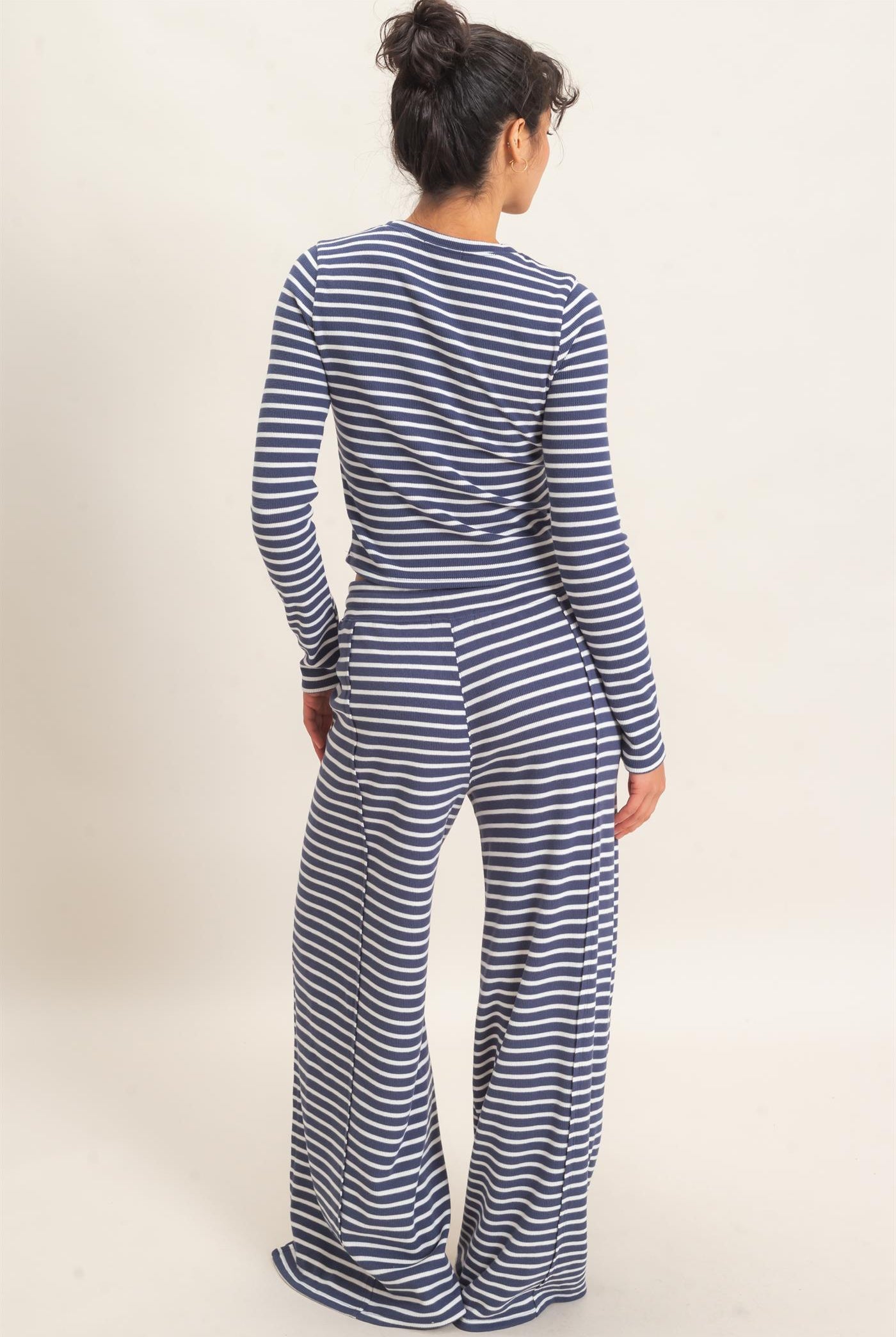 Wholesale Striped Waffle Long Sleeve Top & Pants Set Clothing DZ25F479-SET NAVY DOUBLE ZERO