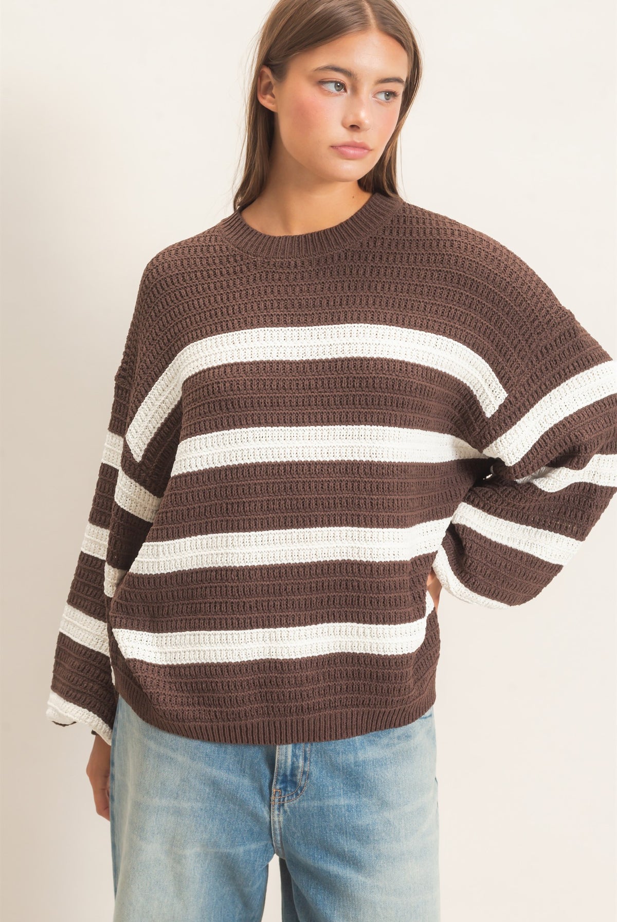 Wholesale Striped Oversized Sweater Sweaters DZ27A192 DARK BROWN DOUBLE ZERO